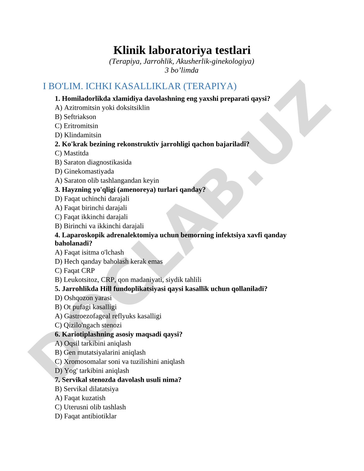 Klinik laboratoriya testlari: Ichki kasalliklar (Terapiya)