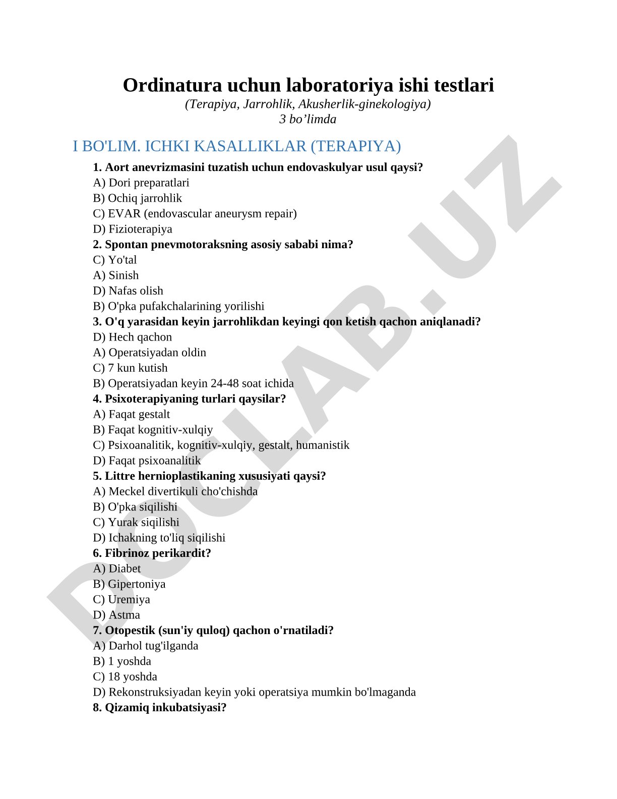 Ordinatura uchun laboratoriya ishi testlari (Terapiya, Jarrohlik, Akusherlik-ginekologiya)