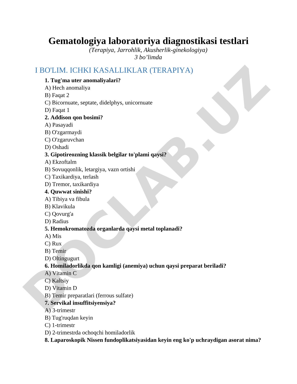 Gematologiya laboratoriya diagnostikasi testlari (Terapiya, Jarrohlik, Akusherlik-ginekologiya)