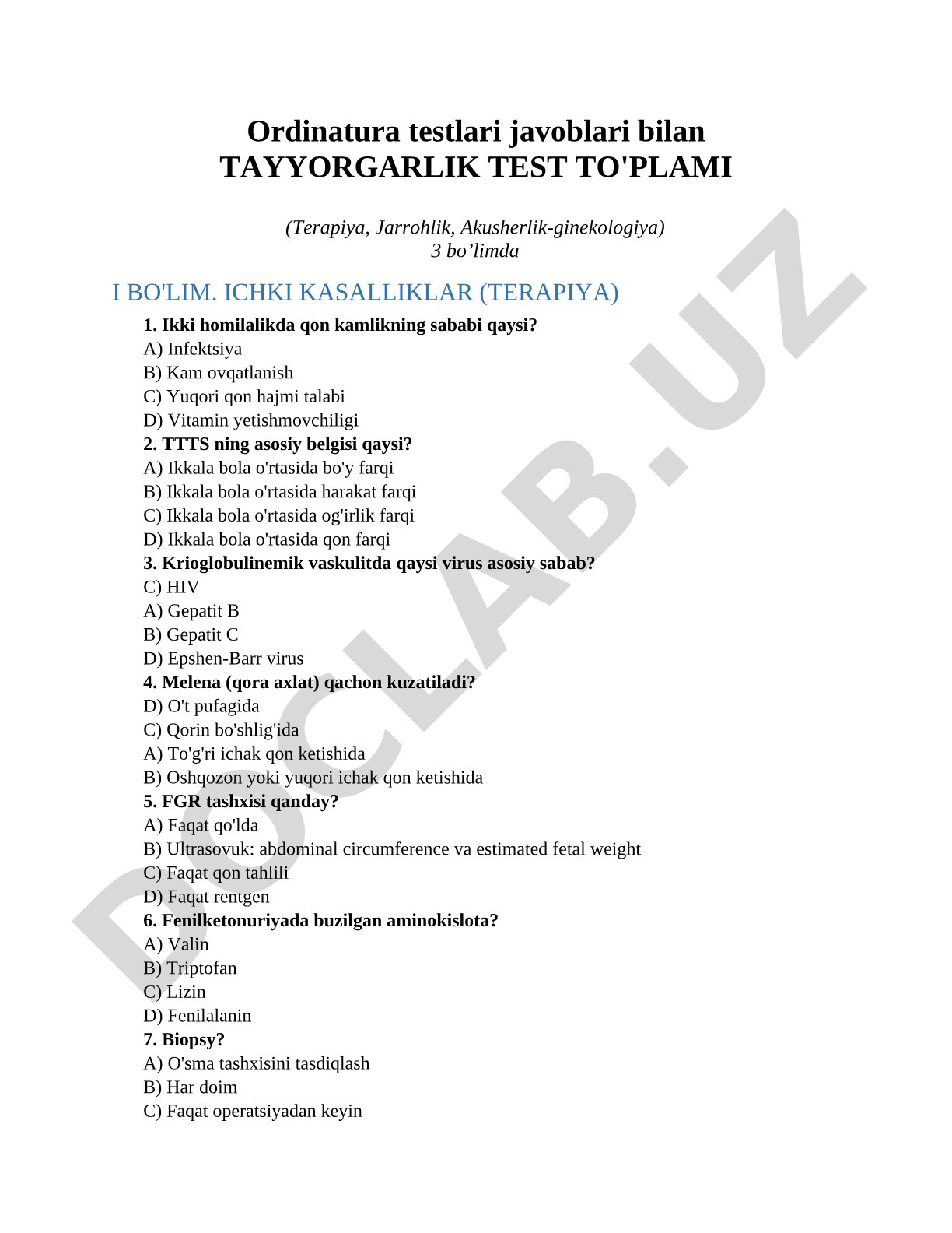 Ordinatura testlari javoblari bilan Tayyorgarlik test to'plami (Terapiya, Jarrohlik, Akusherlik-ginekologiya)
