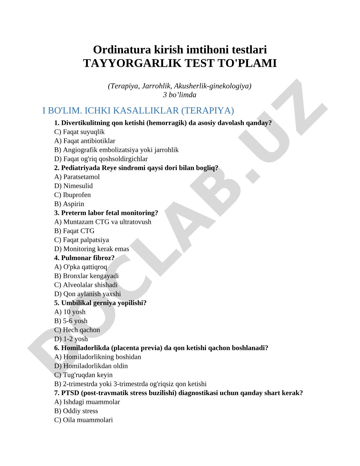 Ordinatura kirish imtihoni testlari