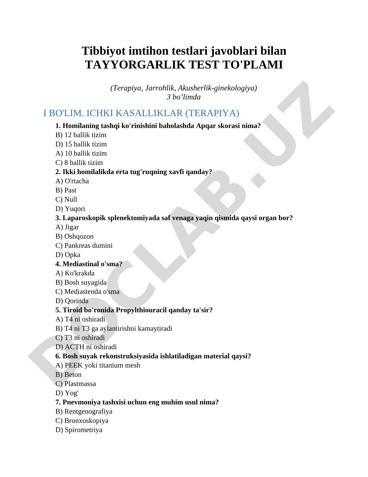 Tibbiyot Imtihon Testlari Javoblari Bilan Tayyorgarlik Test To'plami (Terapiya, Jarrohlik, Akusherlik-Ginekologiya)