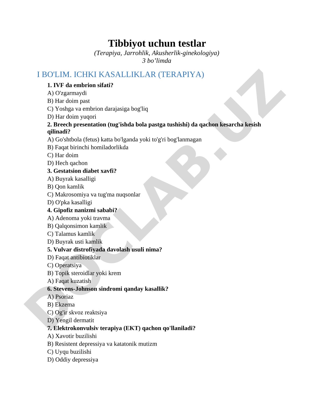 Tibbiyot uchun testlar (Terapiya, Jarrohlik, Akusherlik-ginekologiya)