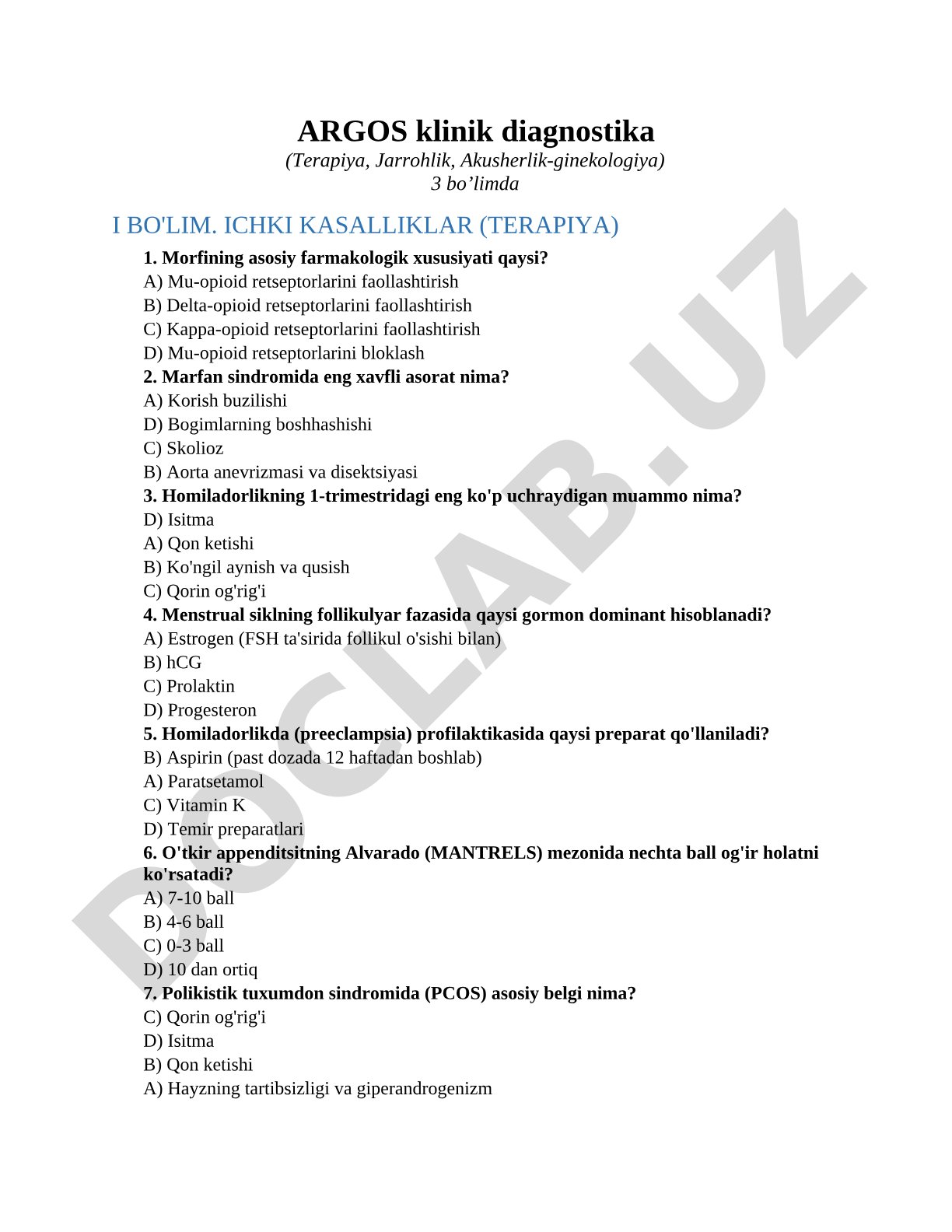 ARGOS klinik diagnostika I bo'lim. Ichki kasalliklar (terapiya)