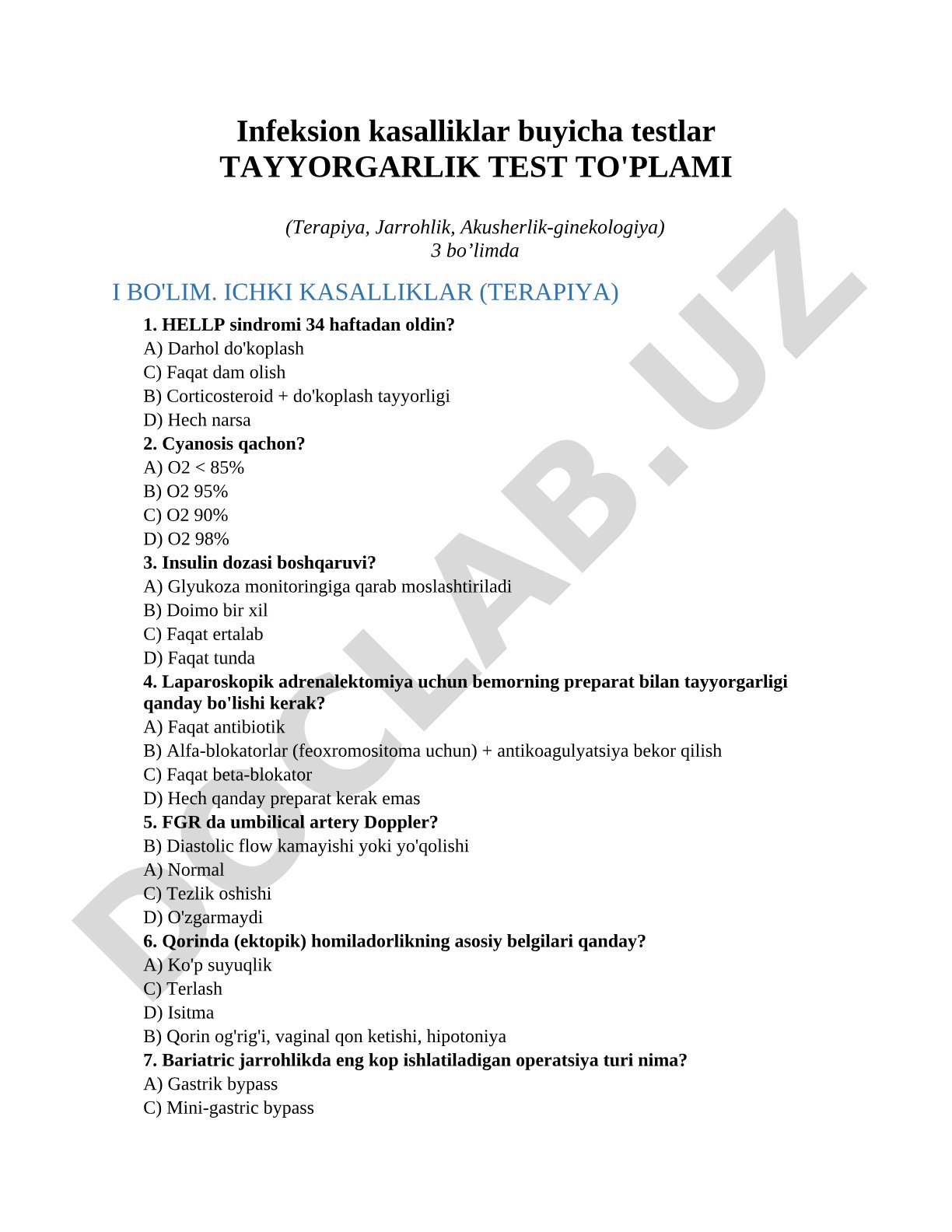 Infeksion kasalliklar buyicha testlar