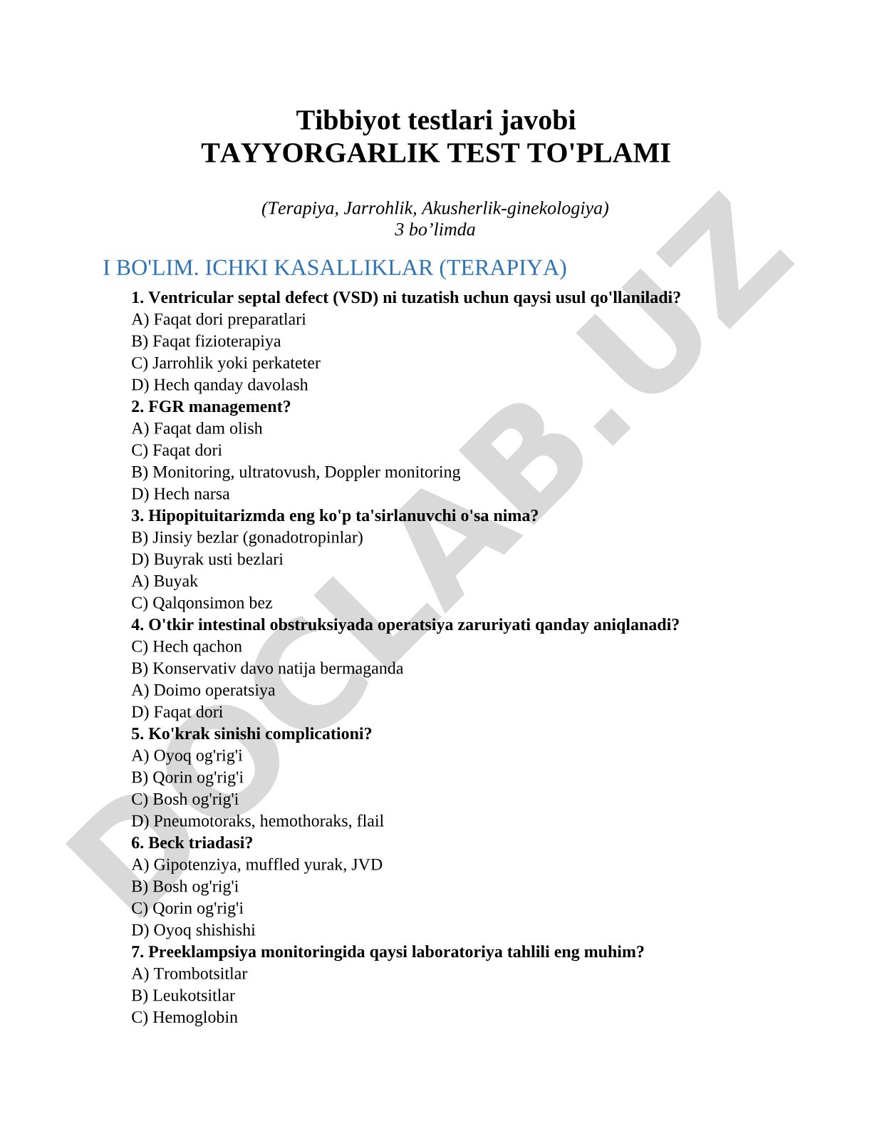 Tibbiyot testlari javobi tayyorgarlik test to'plami (Terapiya, Jarrohlik, Akusherlik-ginekologiya)