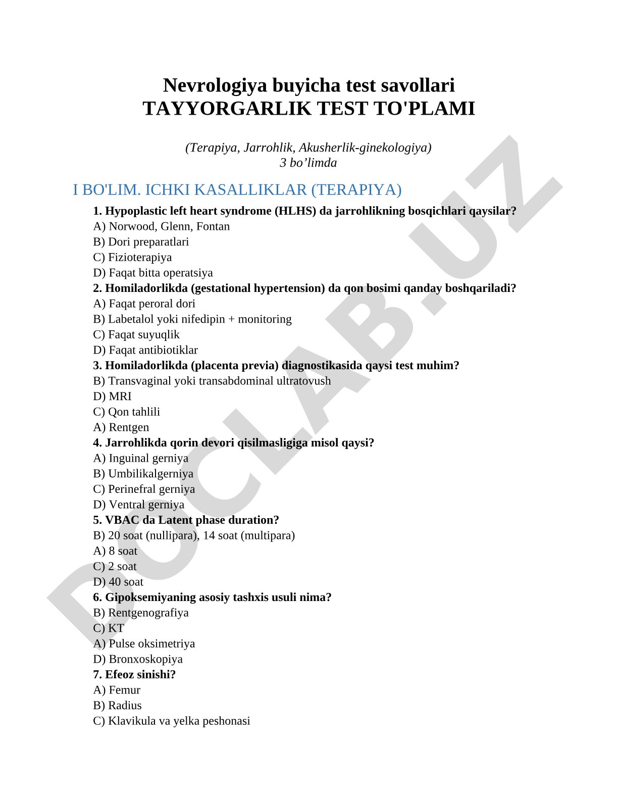Nevrologiya buyicha test savollari (Terapiya, Jarrohlik, Akusherlik-ginekologiya)