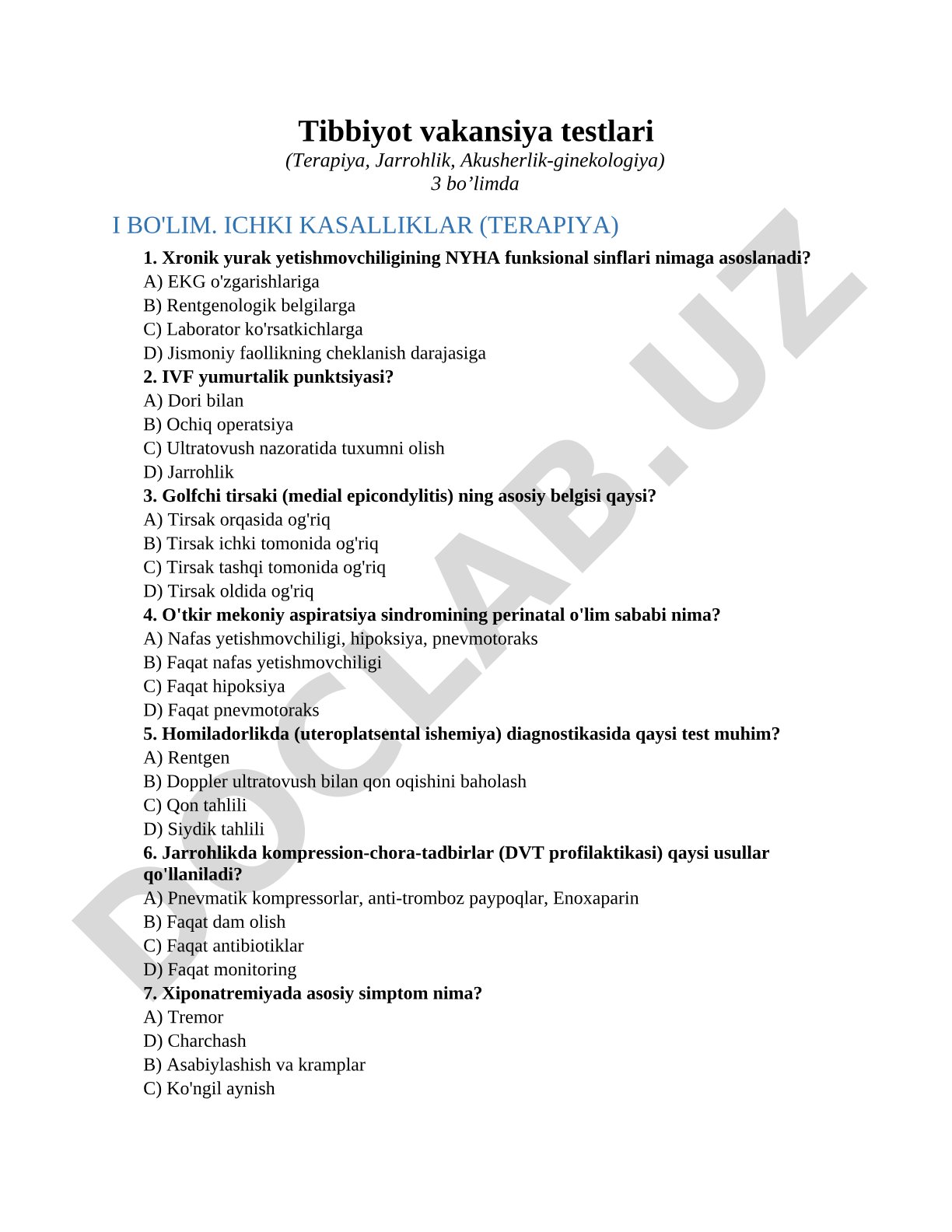 Tibbiyot vakansiya testlari (Terapiya, Jarrohlik, Akusherlik-ginekologiya)