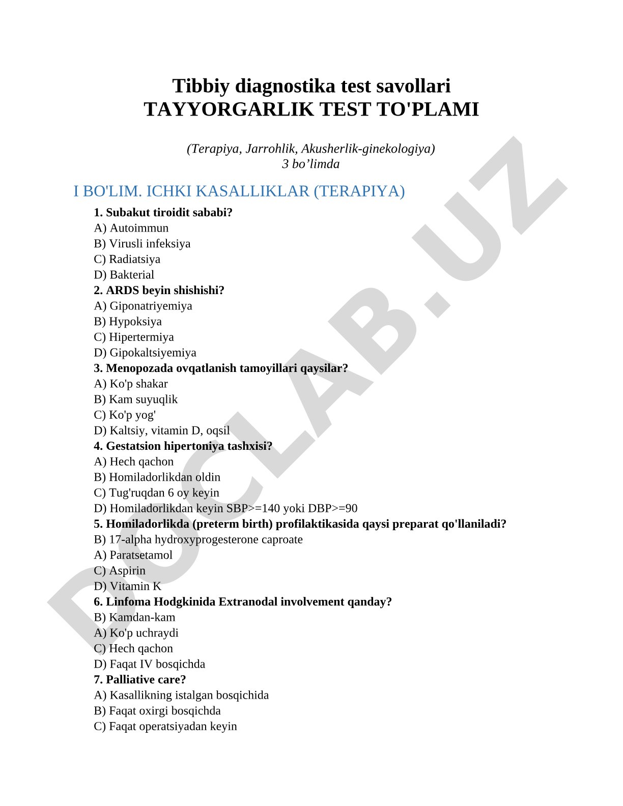 Tibbiy diagnostika test savollari Tayyorgarlik test to'plami (Terapiya, Jarrohlik, Akusherlik-ginekologiya)