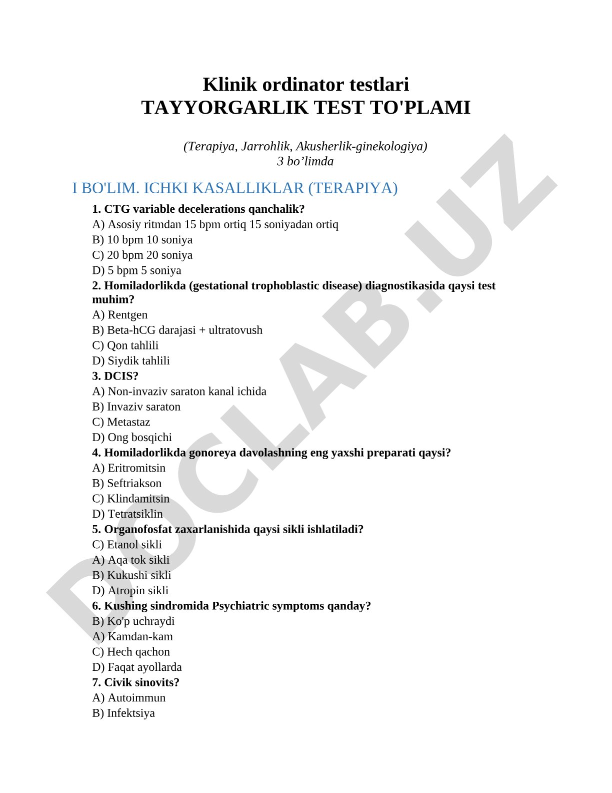 Klinik ordinator testlari tayyorgarlik test to'plami (terapiya, jarrohlik, akusherlik-ginekologiya)