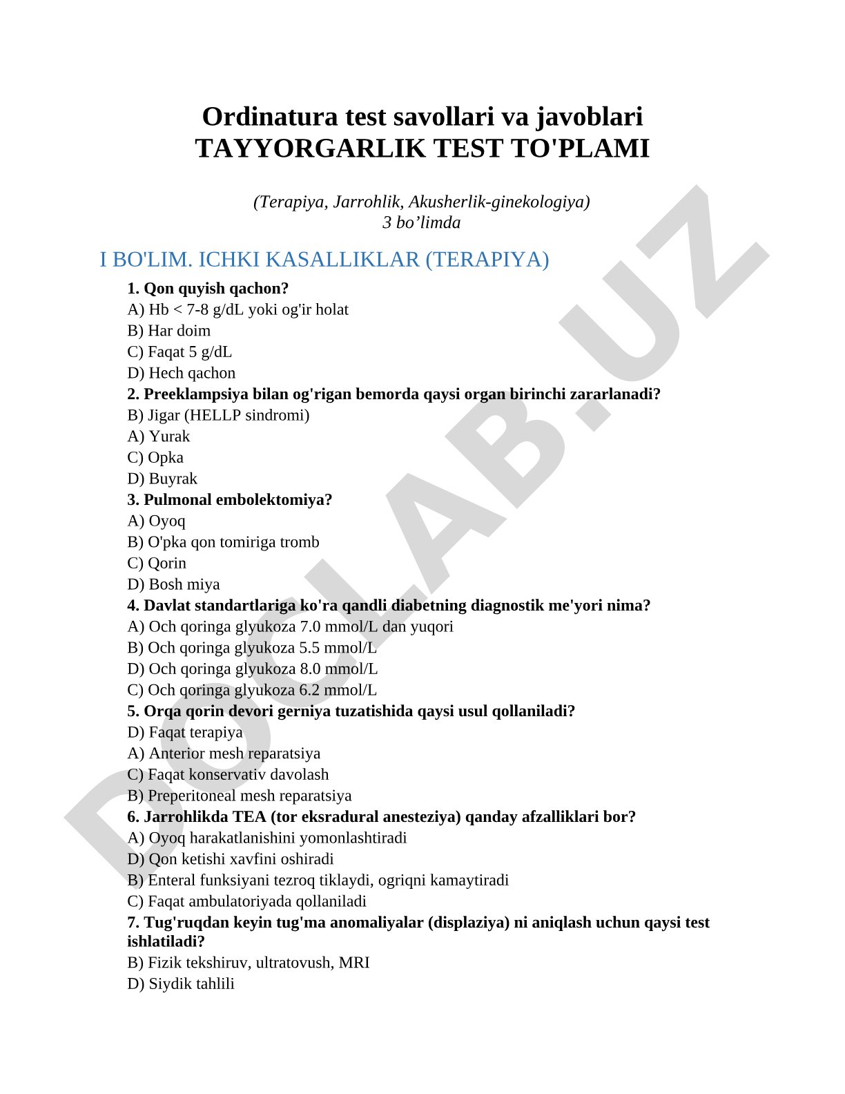 Ordinatura test savollari va javoblari