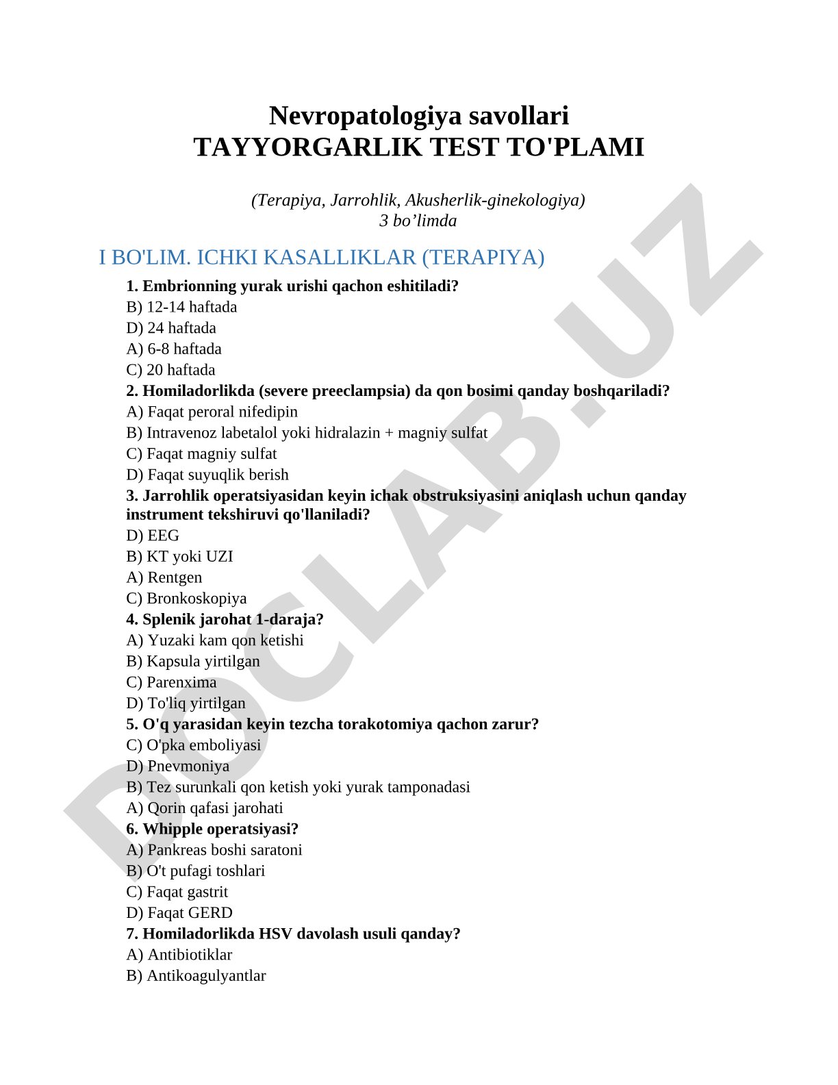 Nevropatologiya savollari tayyorgarlik test to'plami (Terapiya, Jarrohlik, Akusherlik-ginekologiya)