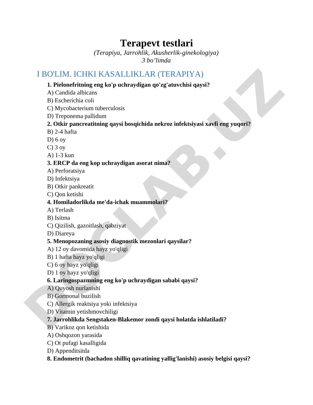 Terapevt testlari (Terapiya, Jarrohlik, Akusherlik-ginekologiya)