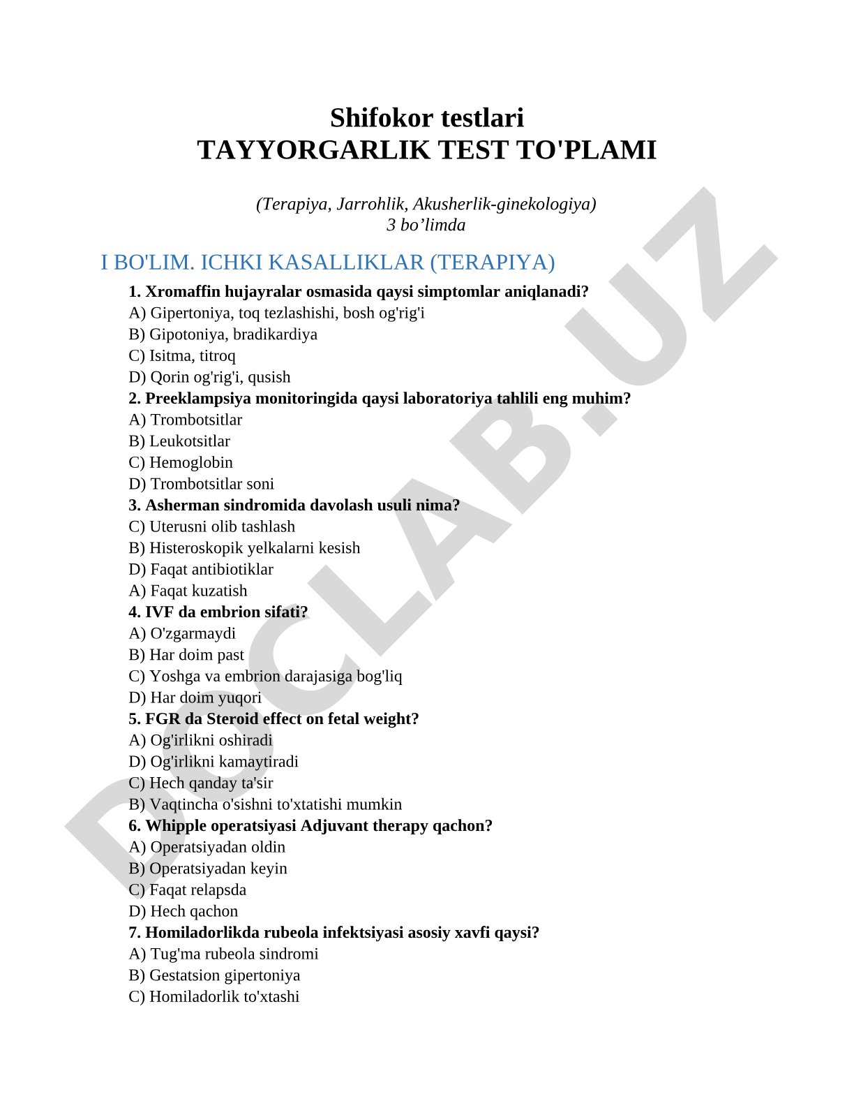Shifokor testlari tayyorgarlik test to'plami (Terapiya, Jarrohlik, Akusherlik-ginekologiya)