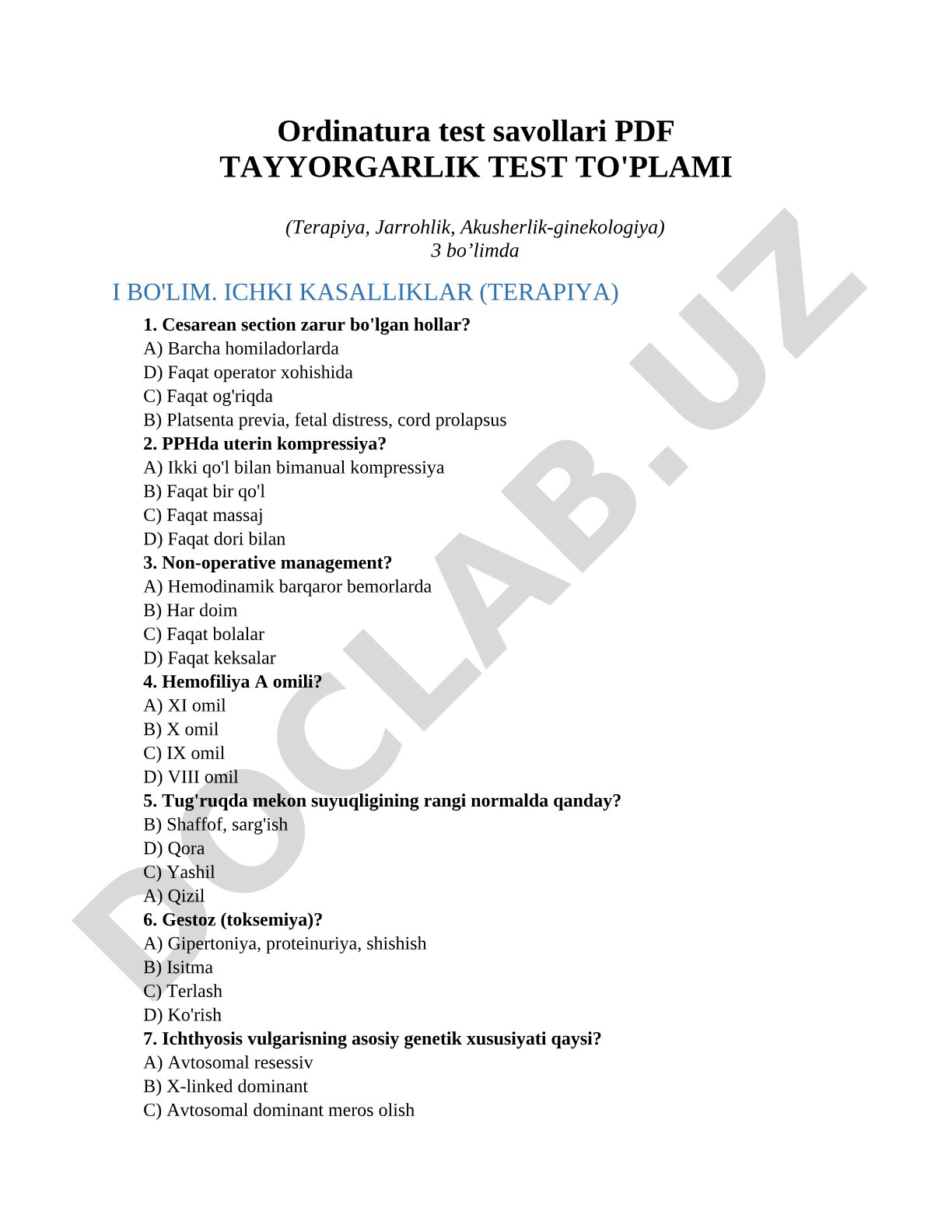 Ordinatura test savollari tayyorgarlik test to'plami (terapiya, jarrohlik, akusherlik-ginekologiya)