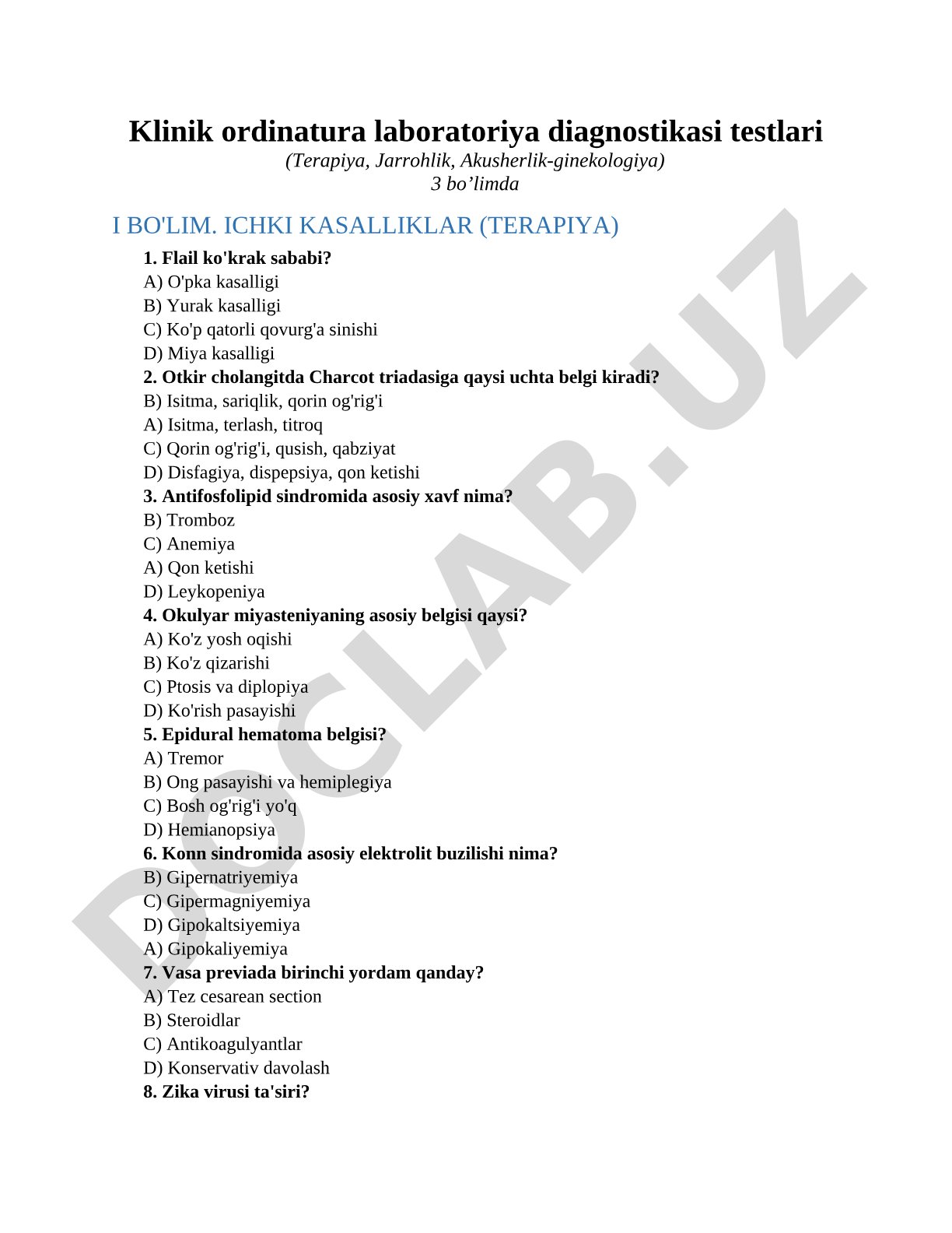 Klinik ordinatura laboratoriya diagnostikasi testlari (Terapiya, Jarrohlik, Akusherlik-ginekologiya)