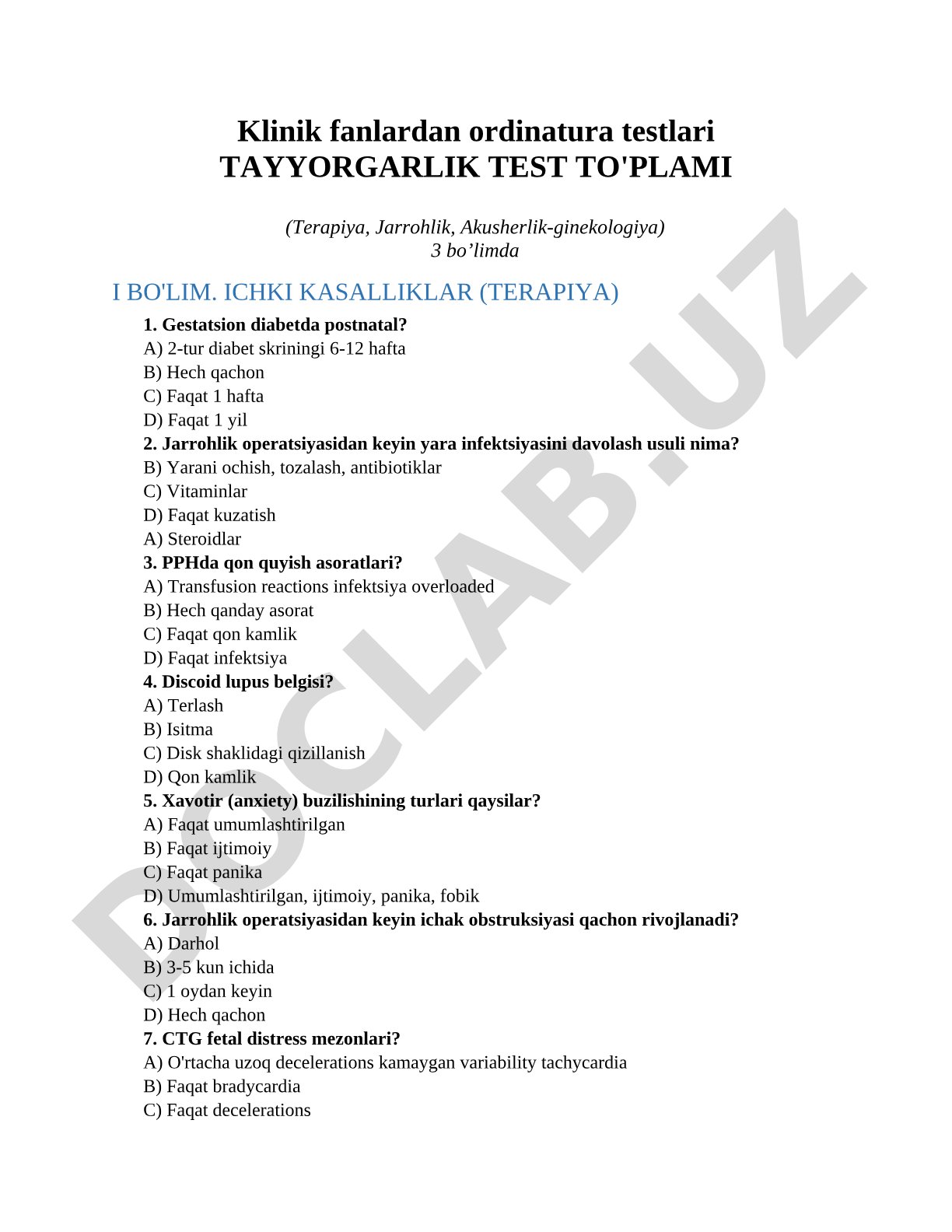 Klinik fanlardan ordinatura testlari tayyorgarlik test to'plami (Terapiya, Jarrohlik, Akusherlik-ginekologiya)