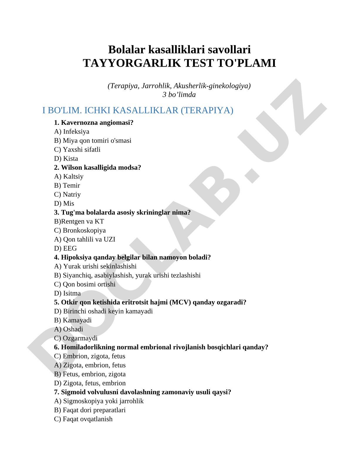 Bolalar kasalliklari savollari Tayyorgarlik test to'plami (Terapiya, Jarrohlik, Akusherlik-ginekologiya)