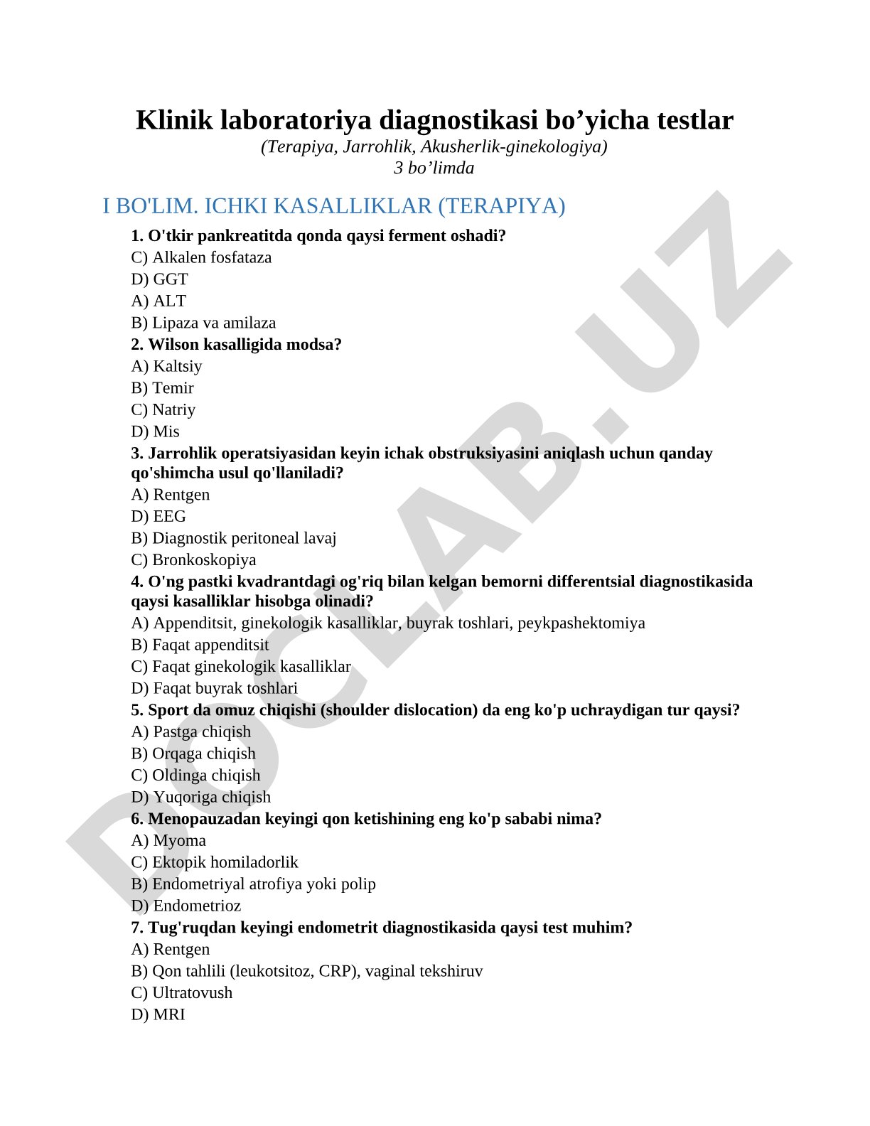 Klinik laboratoriya diagnostikasi bo’yicha testlar (Terapiya, Jarrohlik, Akusherlik-ginekologiya)