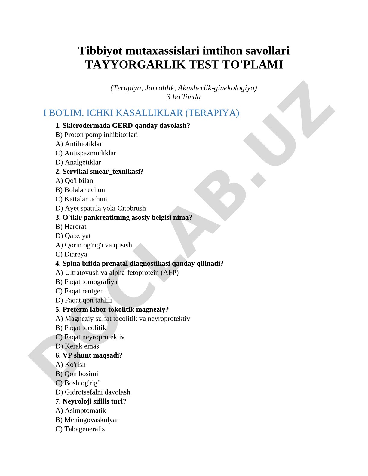 Tibbiyot mutaxassislari imtihon savollari TAYYORGARLIK TEST TO'PLAMI (Terapiya, Jarrohlik, Akusherlik-ginekologiya)