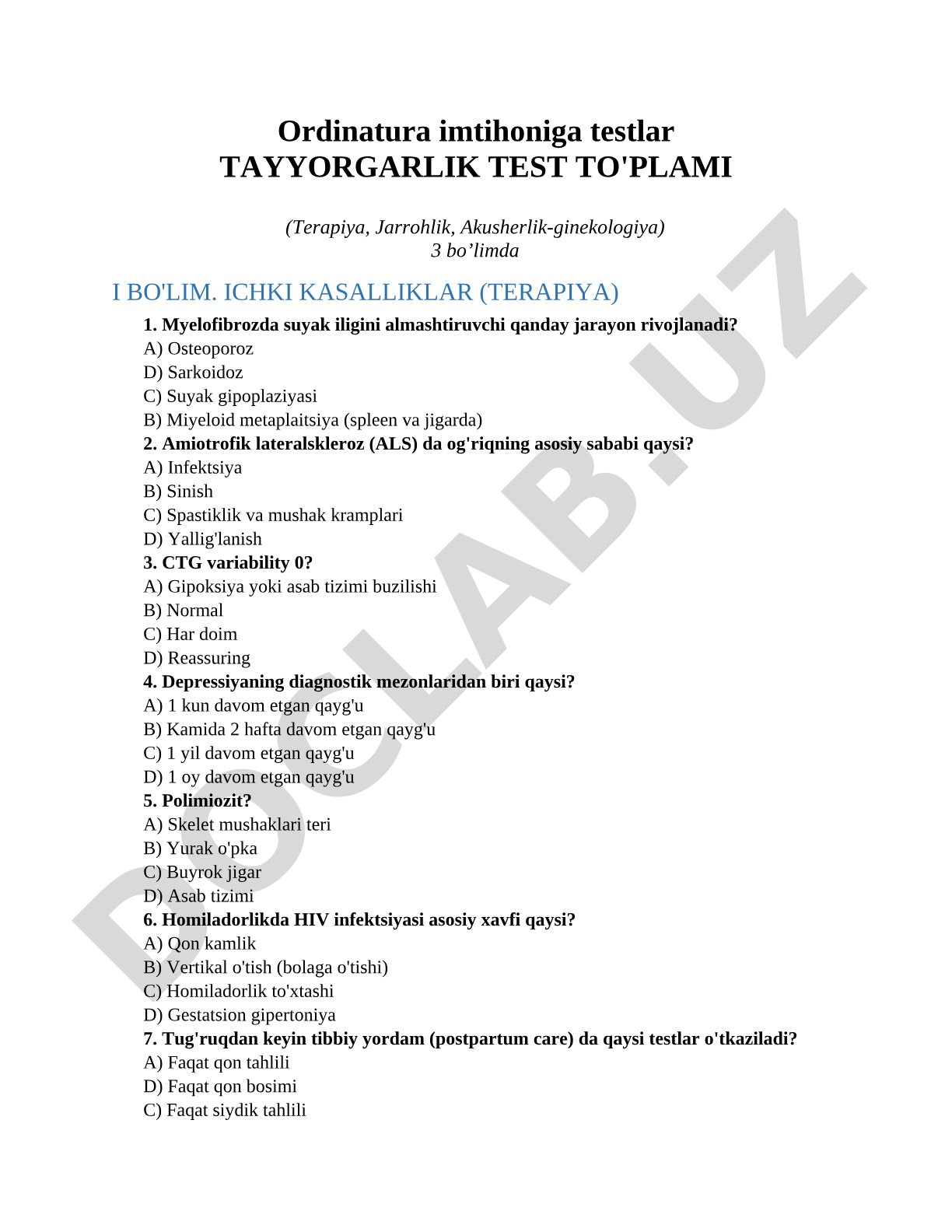 Ordinatura imtihoniga testlar tayyorgarlik test to'plami (terapiya, jarrohlik, akusherlik-ginekologiya)