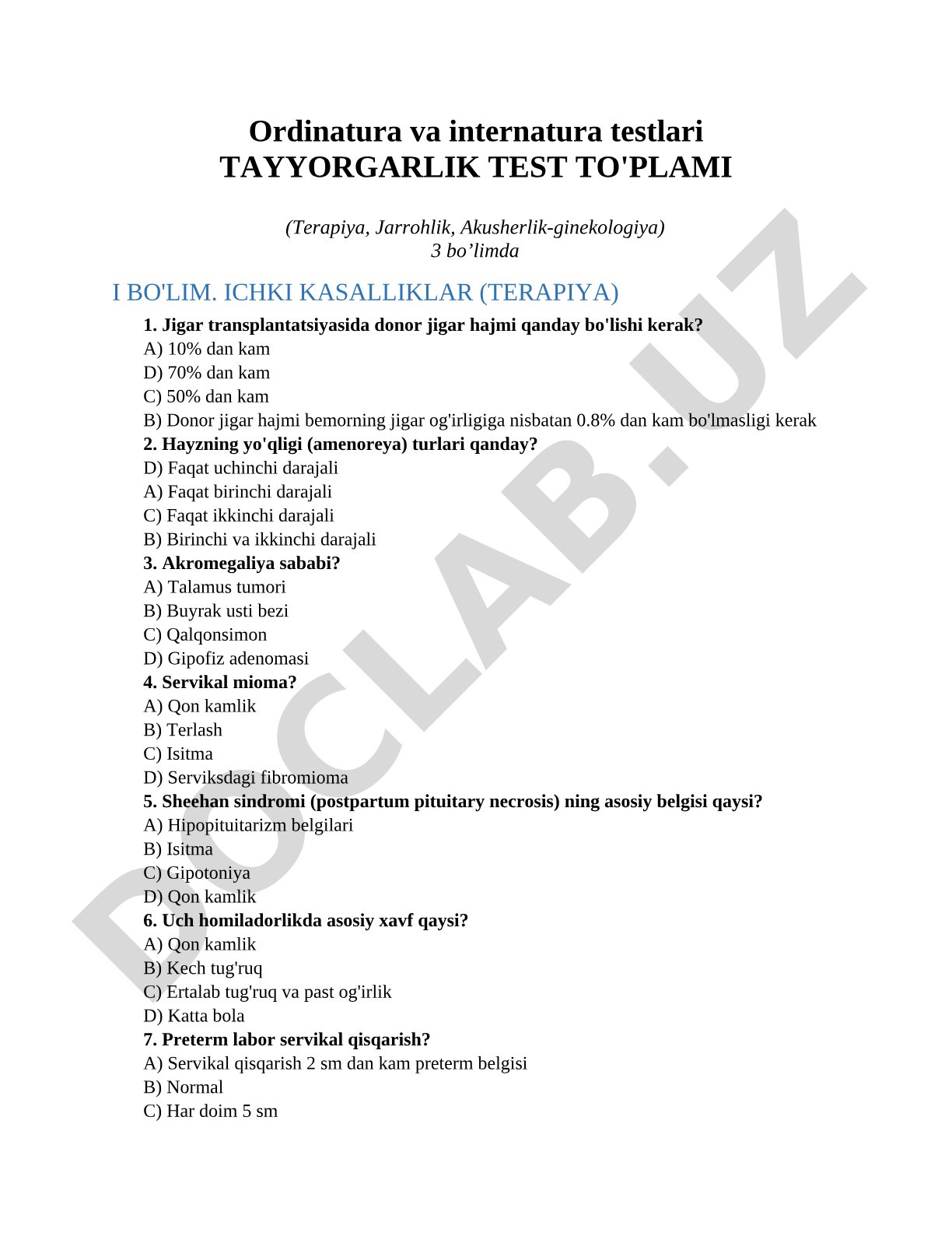 Ordinatura va internatura testlari Tayyorgarlik test to'plami (Terapiya, Jarrohlik, Akusherlik-ginekologiya)