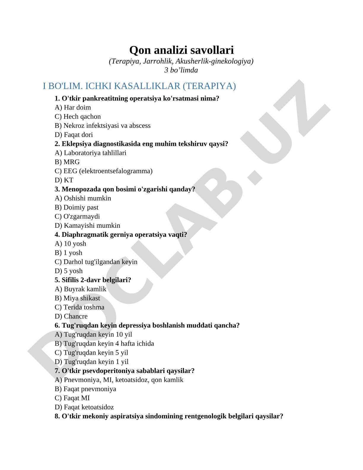 Qon analizi savollari (Terapiya, Jarrohlik, Akusherlik-ginekologiya)