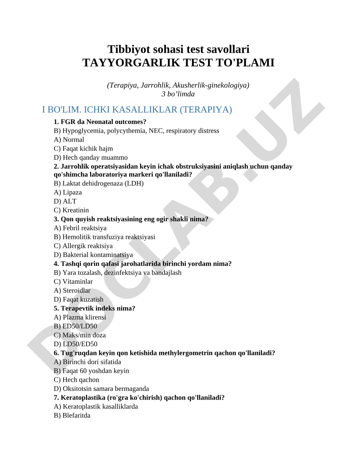 Tibbiyot sohasi test savollari Tayyorgarlik test to'plami (Terapiya, Jarrohlik, Akusherlik-ginekologiya)