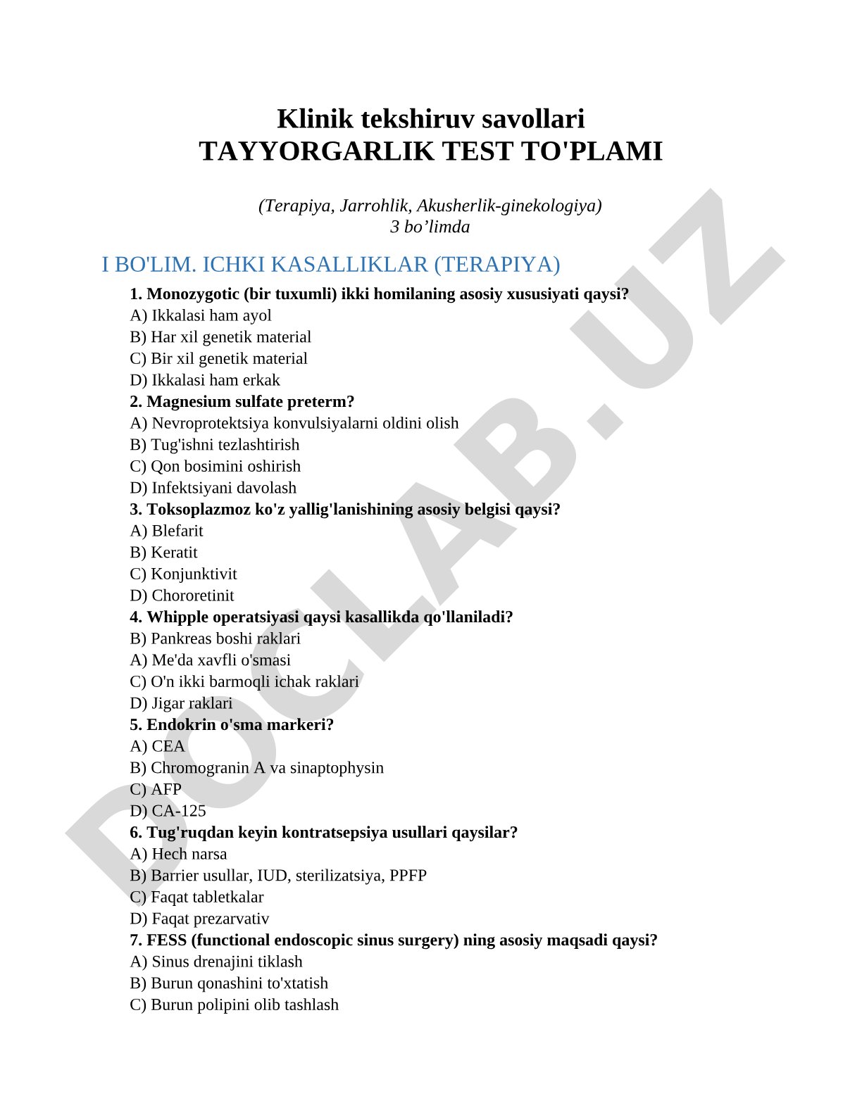 Klinik tekshiruv savollari Tayyorgarlik Test To'plami