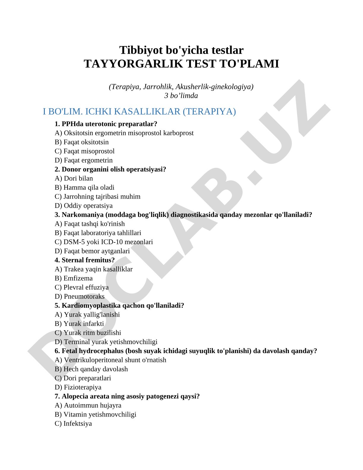 Tibbiyot bo'yicha testlar tayyorgarlik test to'plami (terapiya, jarrohlik, akusherlik-ginekologiya)