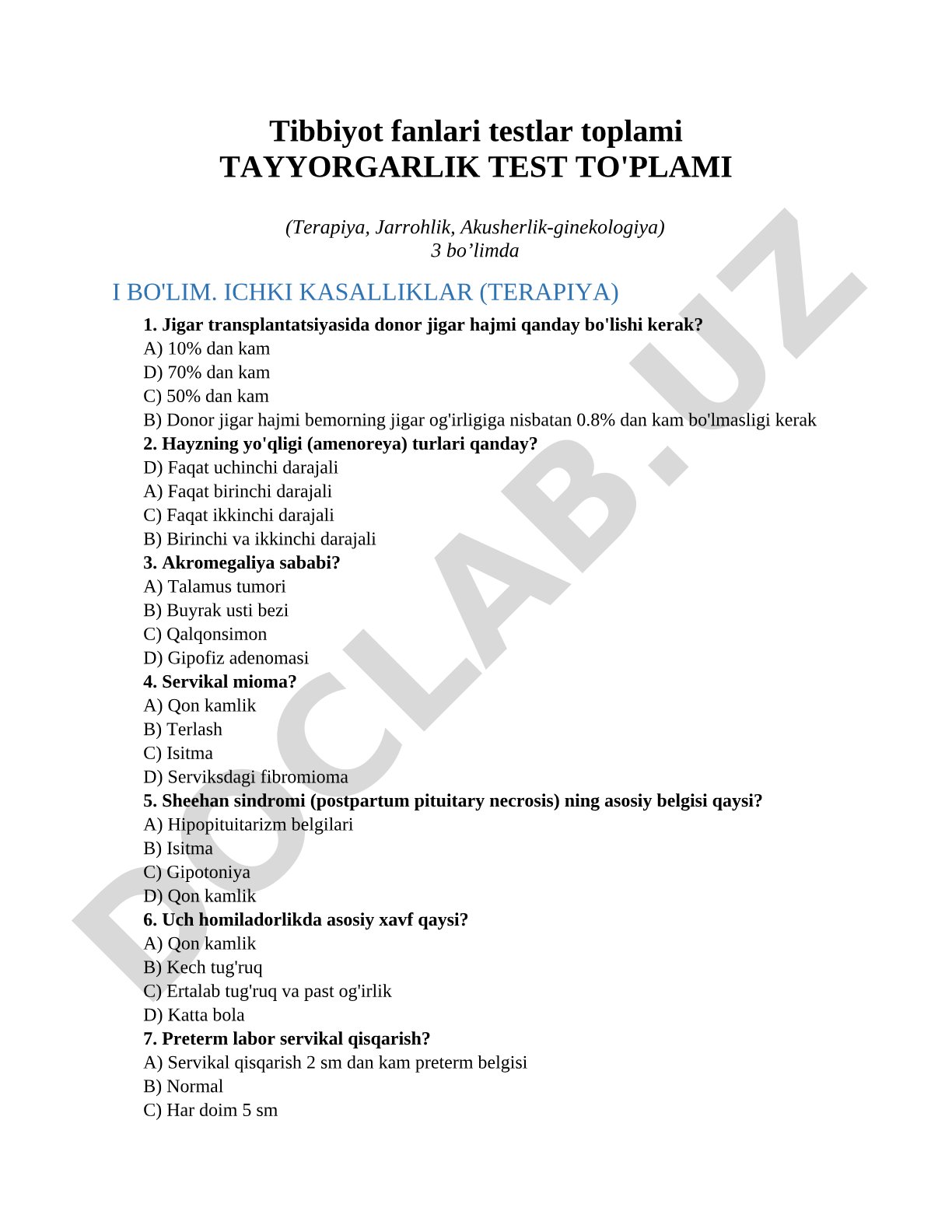 Tibbiyot fanlari testlar to'plami Tayyorgarlik test to'plami (Terapiya, Jarrohlik, Akusherlik-ginekologiya)