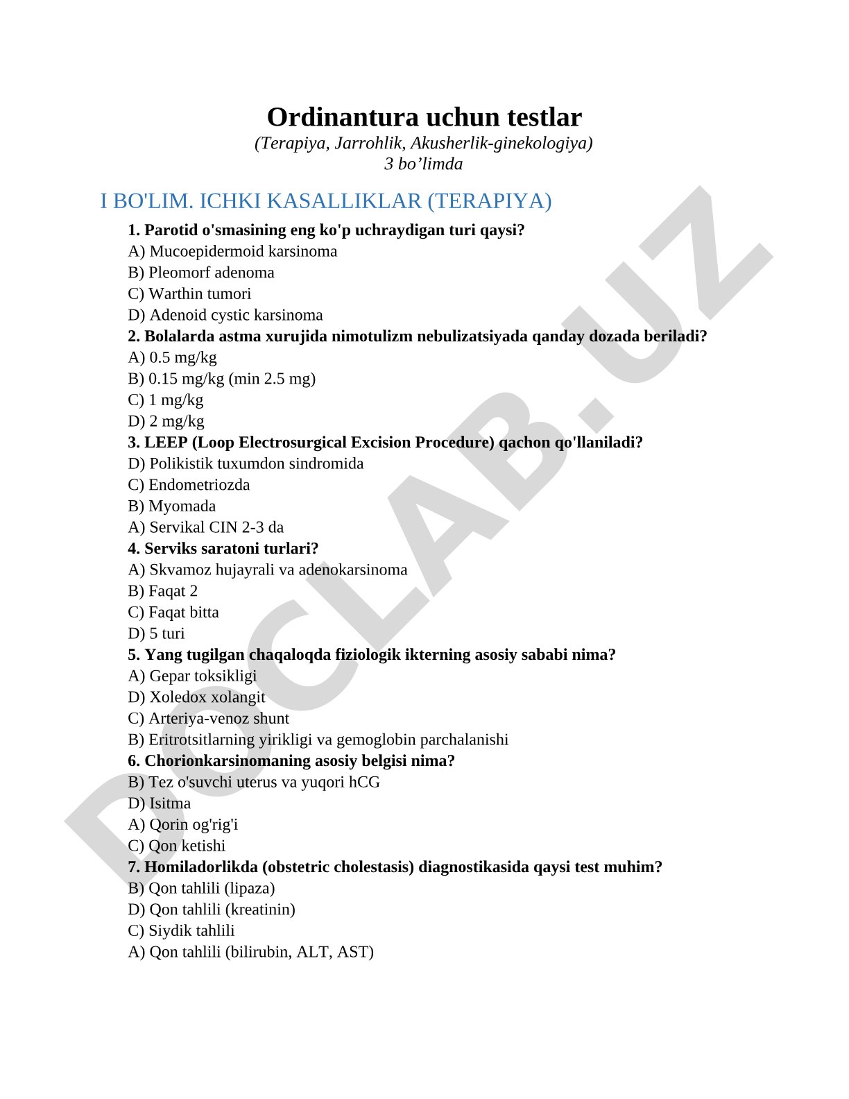 Ordinantura uchun testlar (Terapiya, Jarrohlik, Akusherlik-ginekologiya)