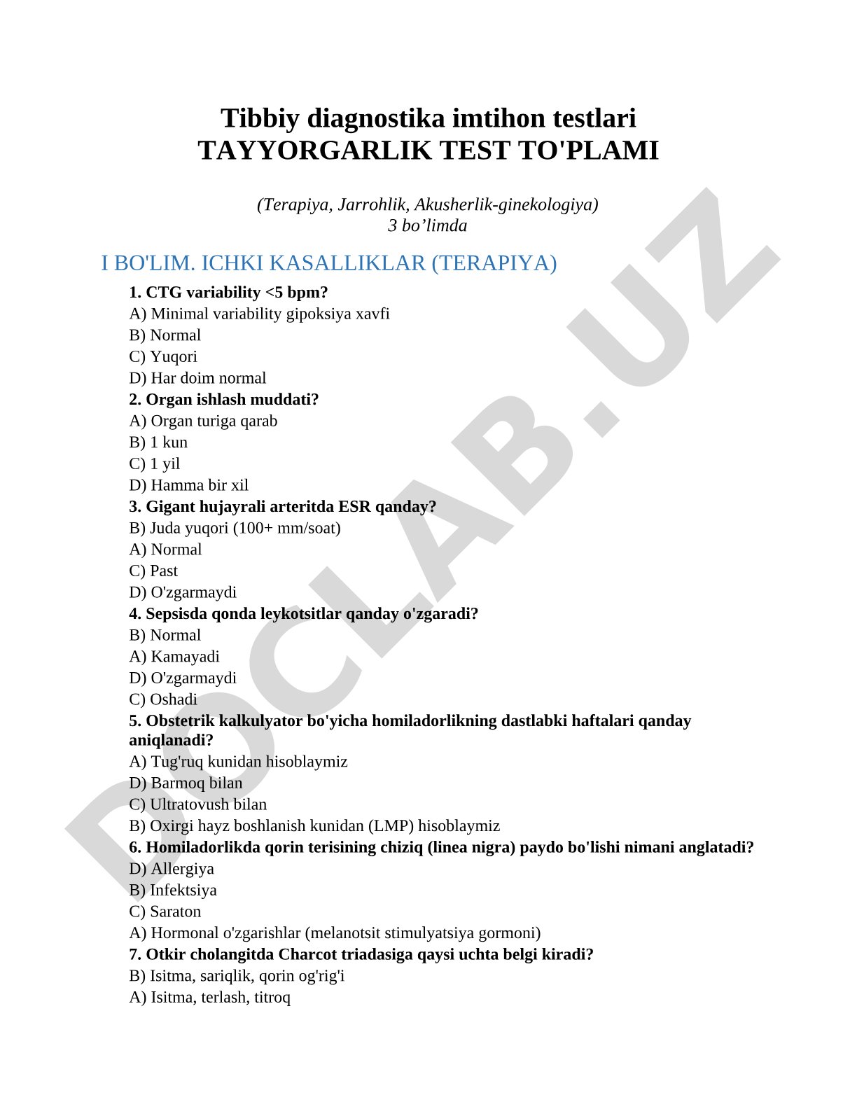Tibbiy diagnostika imtihon testlari tayyorgarlik test to'plami (Terapiya, Jarrohlik, Akusherlik-ginekologiya)