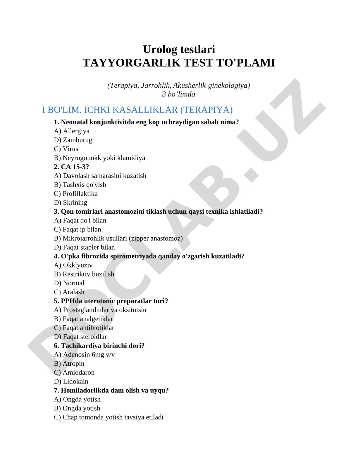 Urolog testlari Tayyorgarlik test to'plami (Terapiya, Jarrohlik, Akusherlik-ginekologiya) 3 bo'limda