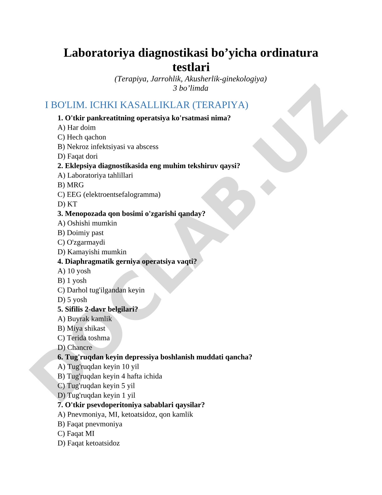 Laboratoriya diagnostikasi bo’yicha ordinatura testlari (Terapiya, Jarrohlik, Akusherlik-ginekologiya)