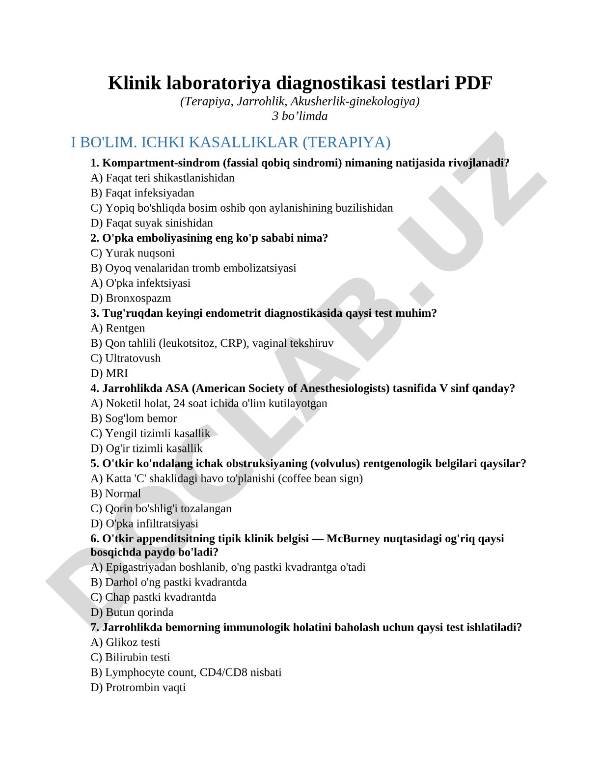 Klinik laboratoriya diagnostikasi testlari (Terapiya, Jarrohlik, Akuristik-ginekologiya)