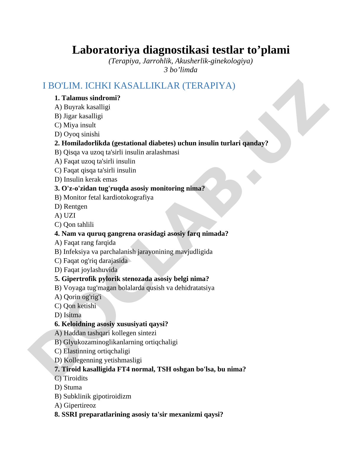 Laboratoriya diagnostikasi testlar to’plami (Terapiya, Jarrohlik, Akusherlik-ginekologiya)
