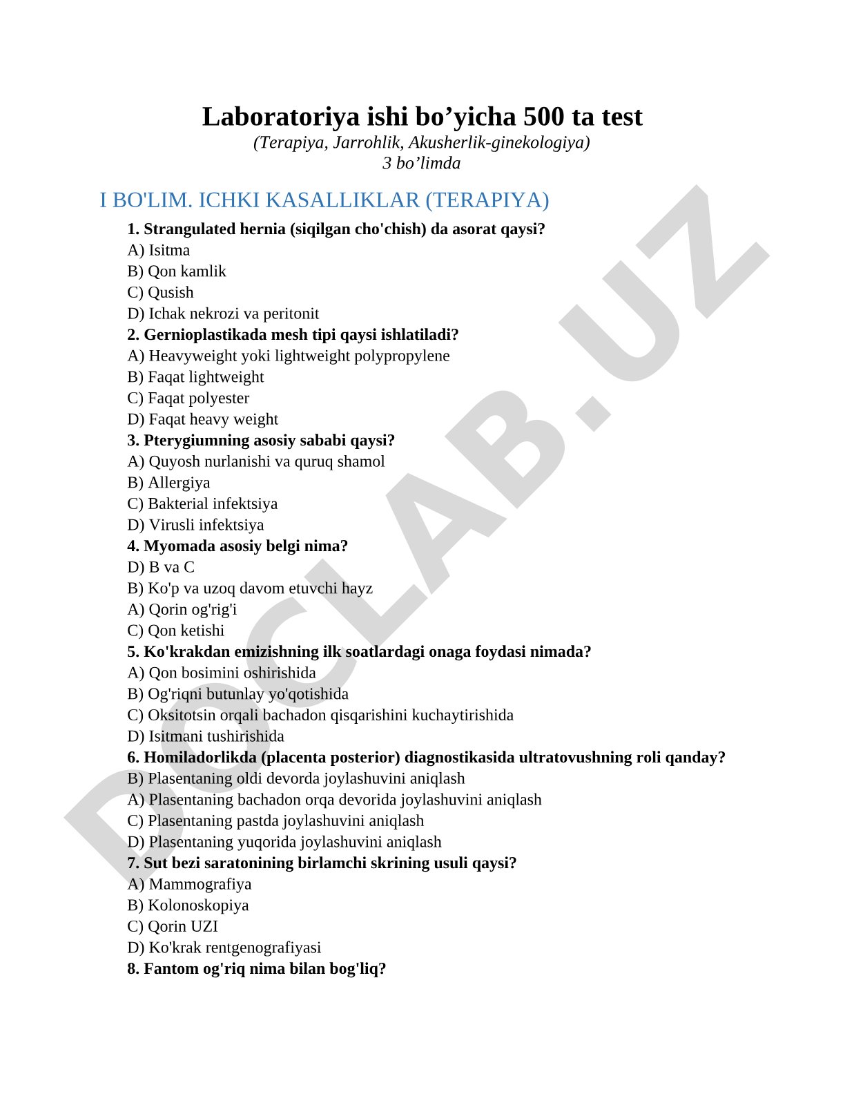 Laboratoriya ishi bo’yicha 500 ta test (Terapiya, Jarrohlik, Akusherlik-ginekologiya)