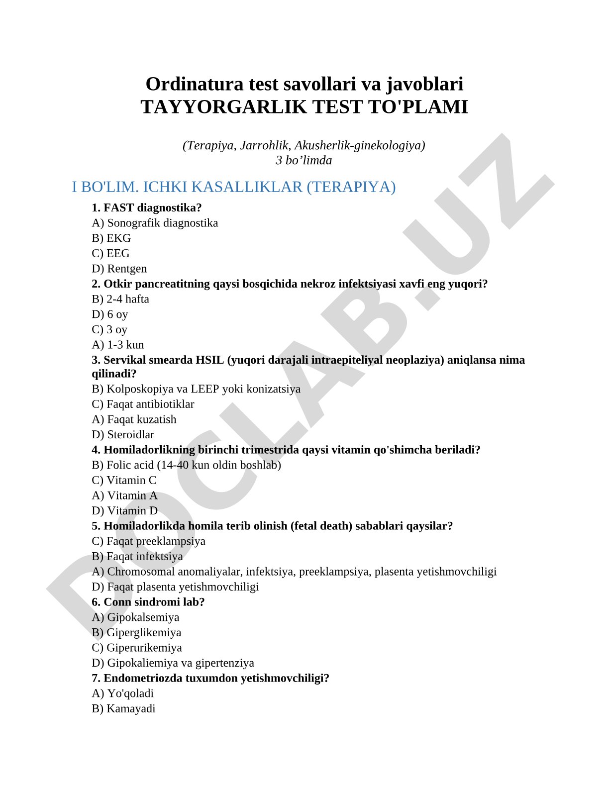 Ordinatura test savollari va javoblari (Terapiya, Jarrohlik, Akusherlik-ginekologiya)