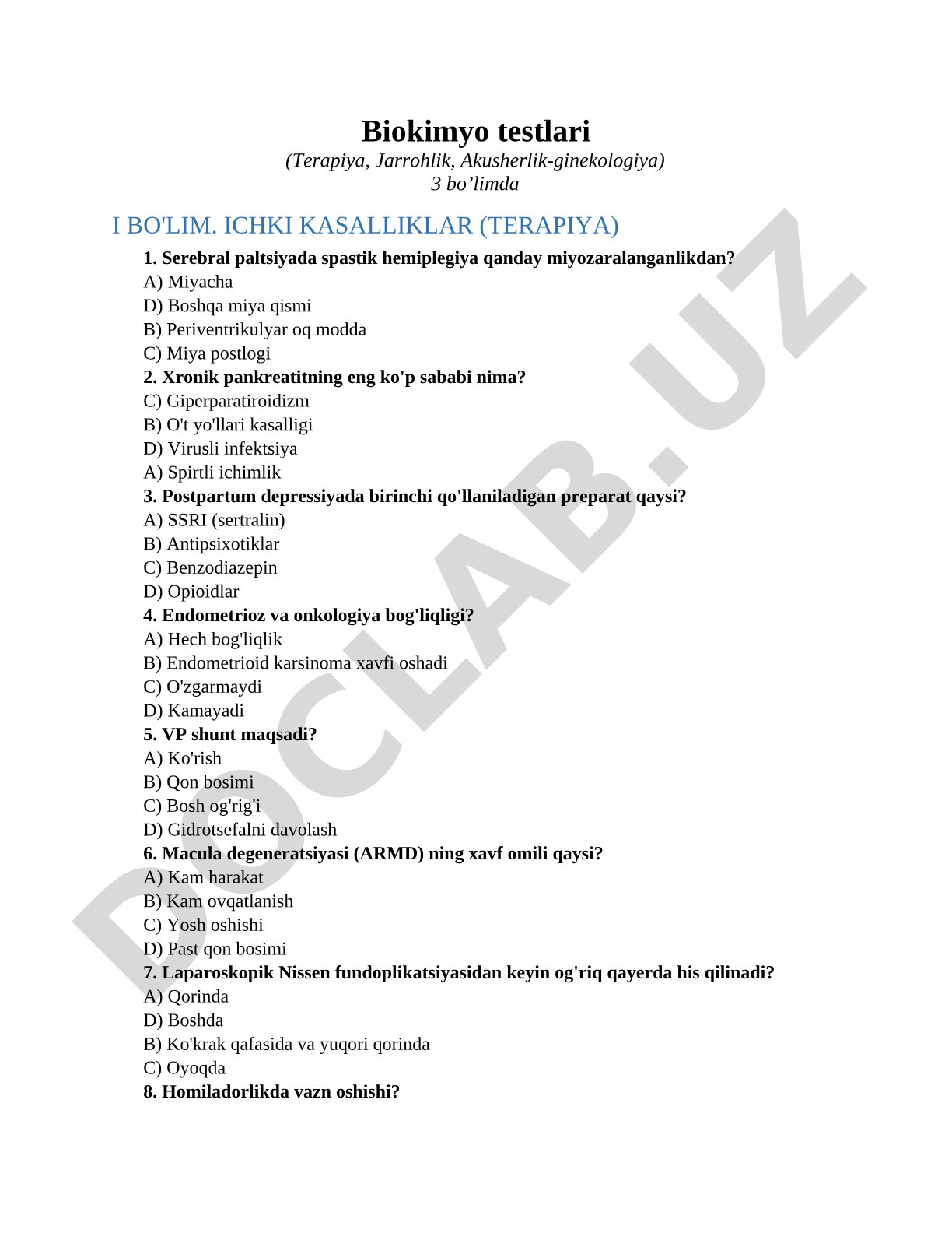 Biokimyo testlari (Terapiya, Jarrohlik, Akusherlik-ginekologiya)