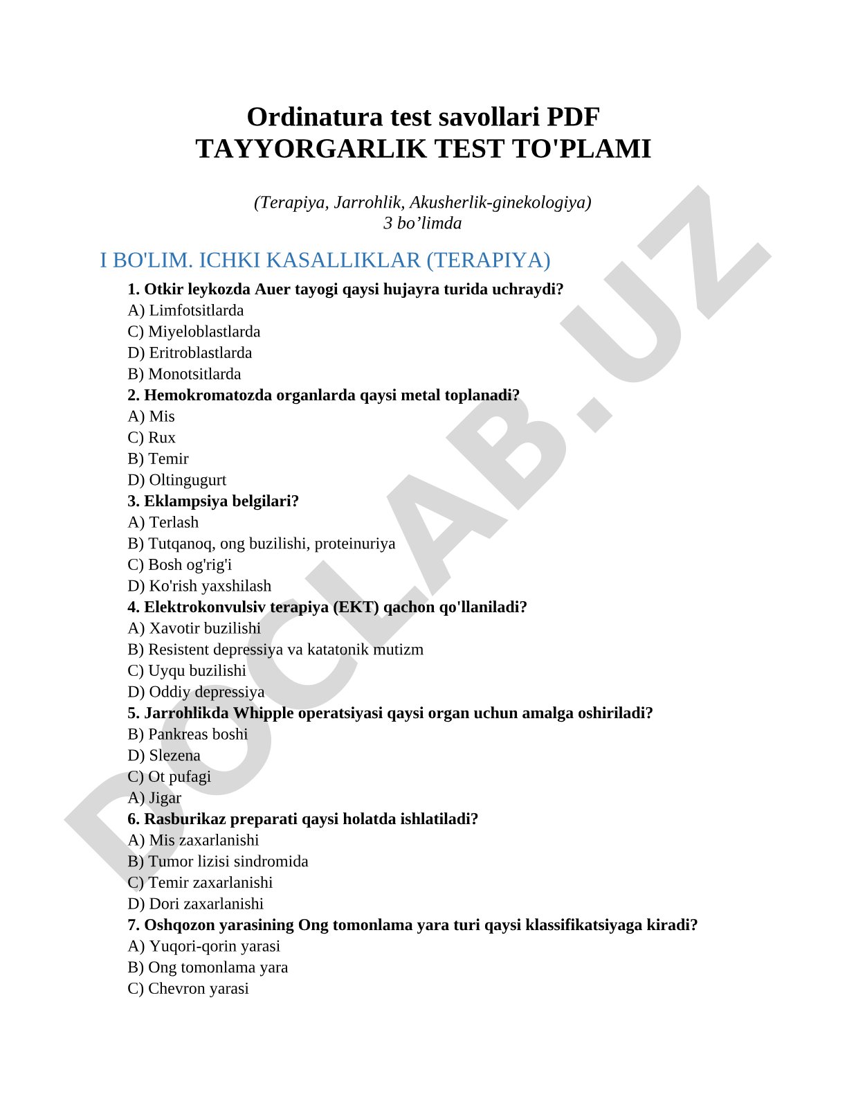 Ordinatura test savollari tayyorgarlik test to'plami (Terapiya, Jarrohlik, Akusherlik-ginekologiya)
