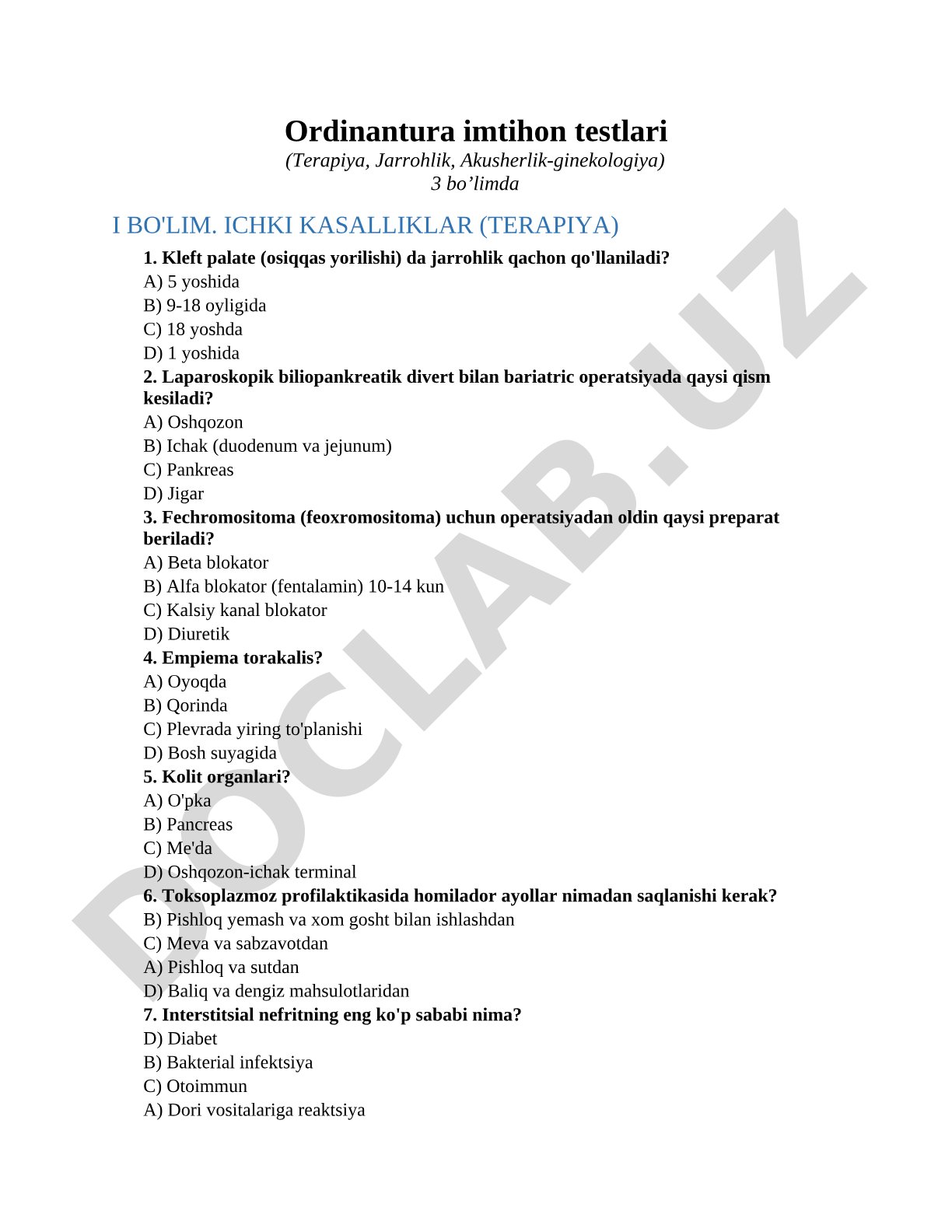 Ordinantura imtihon testlari (Terapiya, Jarrohlik, Akusherlik-ginekologiya)