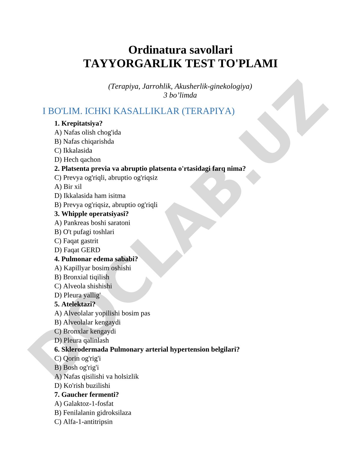 Ordinatura savollari TAYYORGARLIK TEST TO'PLAMI (Terapiya, Jarrohlik, Akusherlik-ginekologiya)
