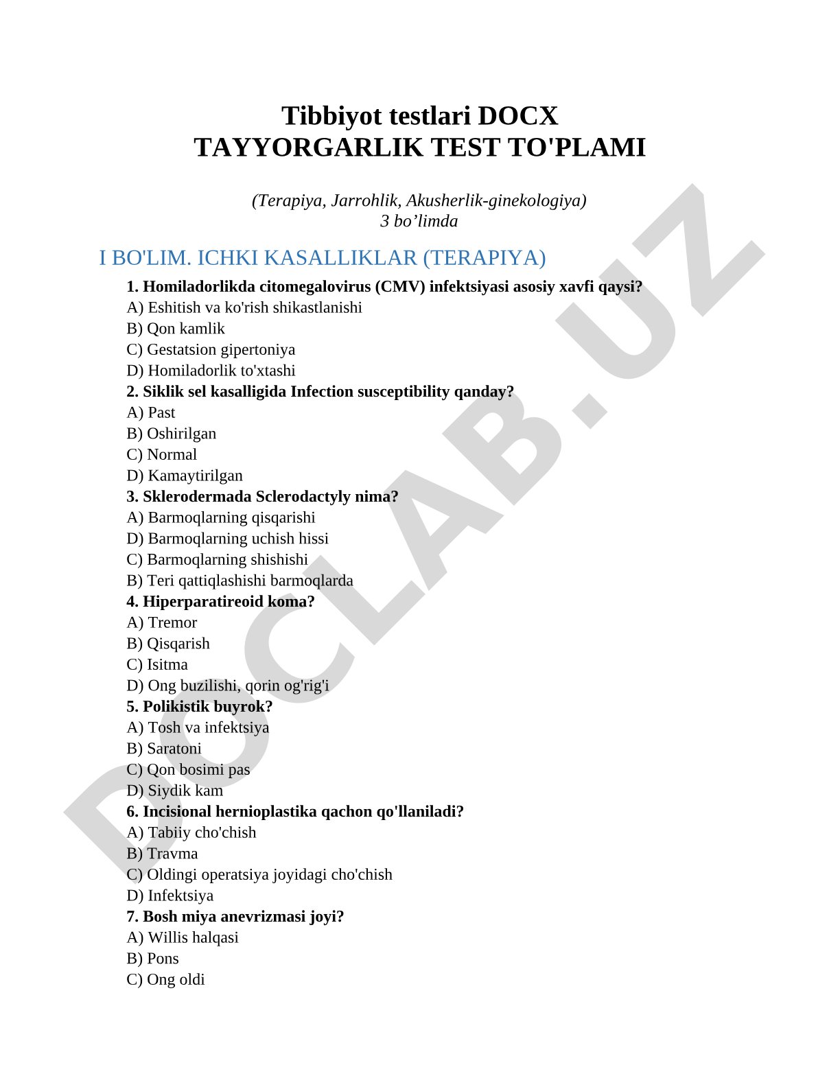 Tibbiyot testlari tayyorgarlik test to'plami (Terapiya, Jarrohlik, Akusherlik-ginekologiya)