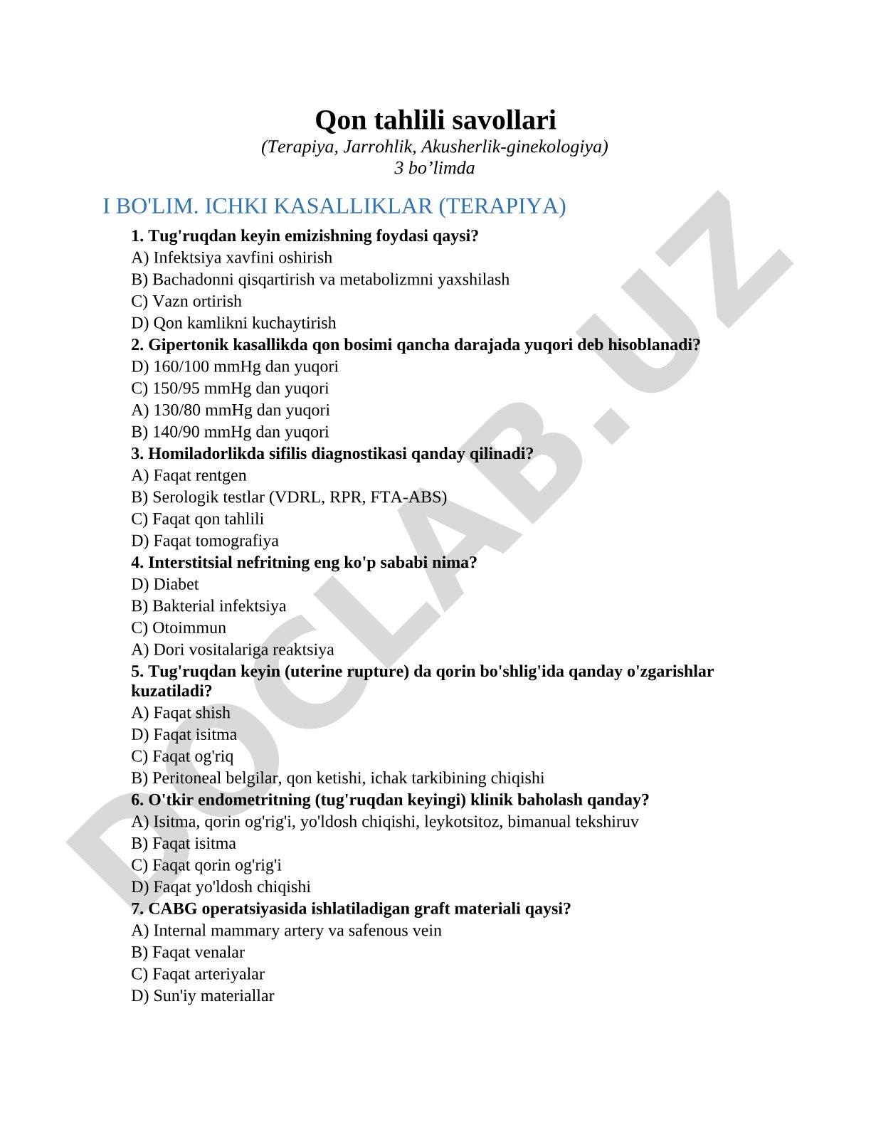 Qon tahlili savollari (Terapiya, Jarrohlik, Akusherlik-ginekologiya)