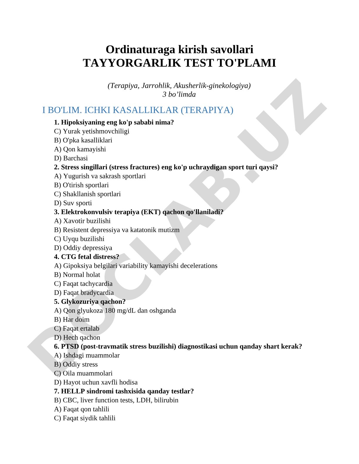 Ordinaturaga kirish savollari tayyorgarlik test to'plami (terapiya, jarrohlik, akusherlik-ginekologiya)