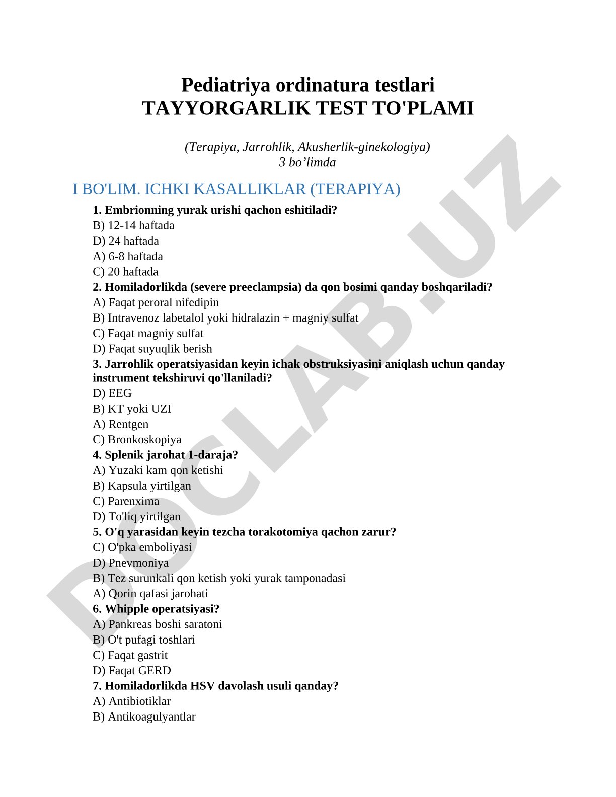 Pediatriya ordinatura testlari TAYYORGARLIK TEST TO'PLAMI (Terapiya, Jarrohlik, Akusherlik-ginekologiya)