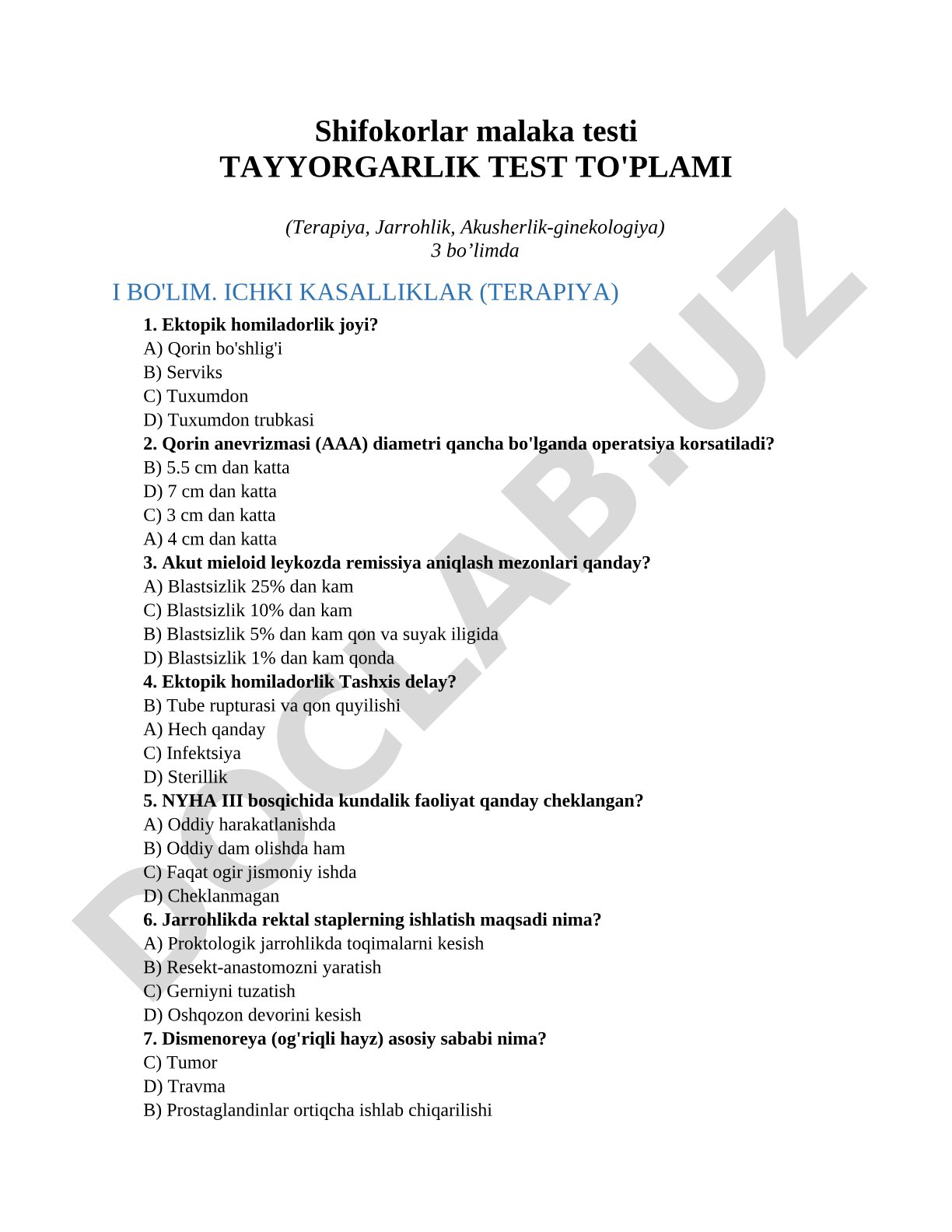 Shifokorlar malaka testi tayyorgarlik test to'plami (terapiya, jarrohlik, akusherlik-ginekologiya)