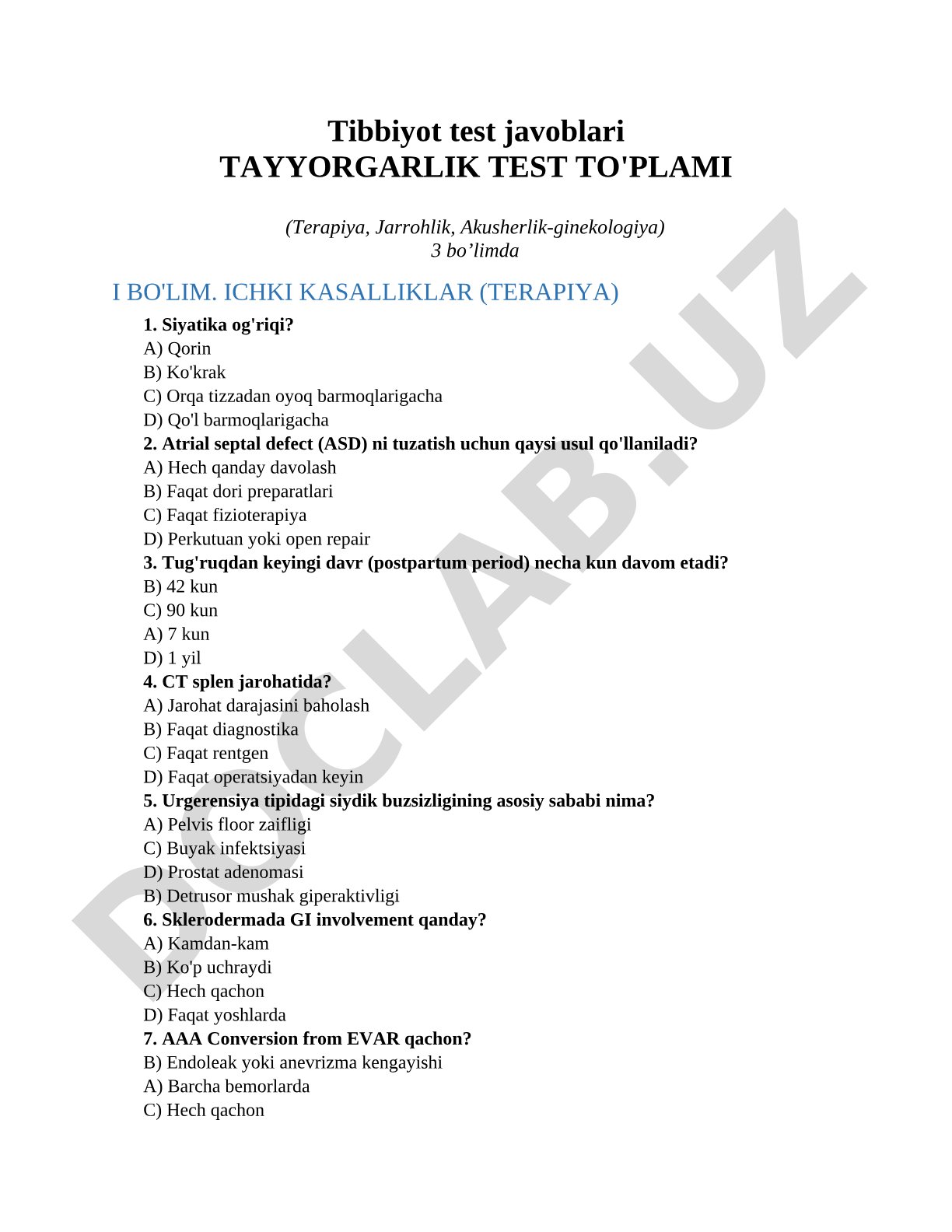 Tibbiyot test javoblari Tayyorgarlik test to'plami (Terapiya, Jarrohlik, Akusherlik-ginekologiya)