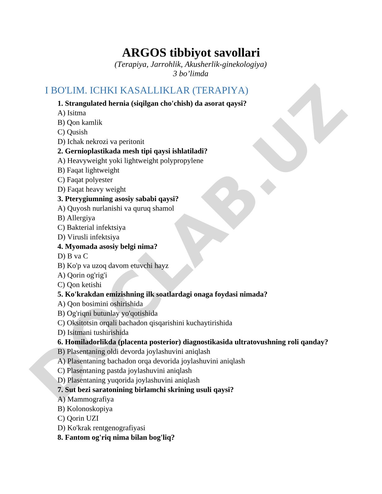 ARGOS tibbiyot savollari (Terapiya, Jarrohlik, Akusherlik-ginekologiya)